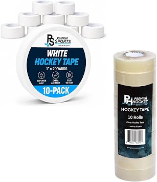 Premier Sports Bundle 10-Pack Cloth White Hockey Stick Tape + 10-Pack Clear Shin Pad Hockey Tape