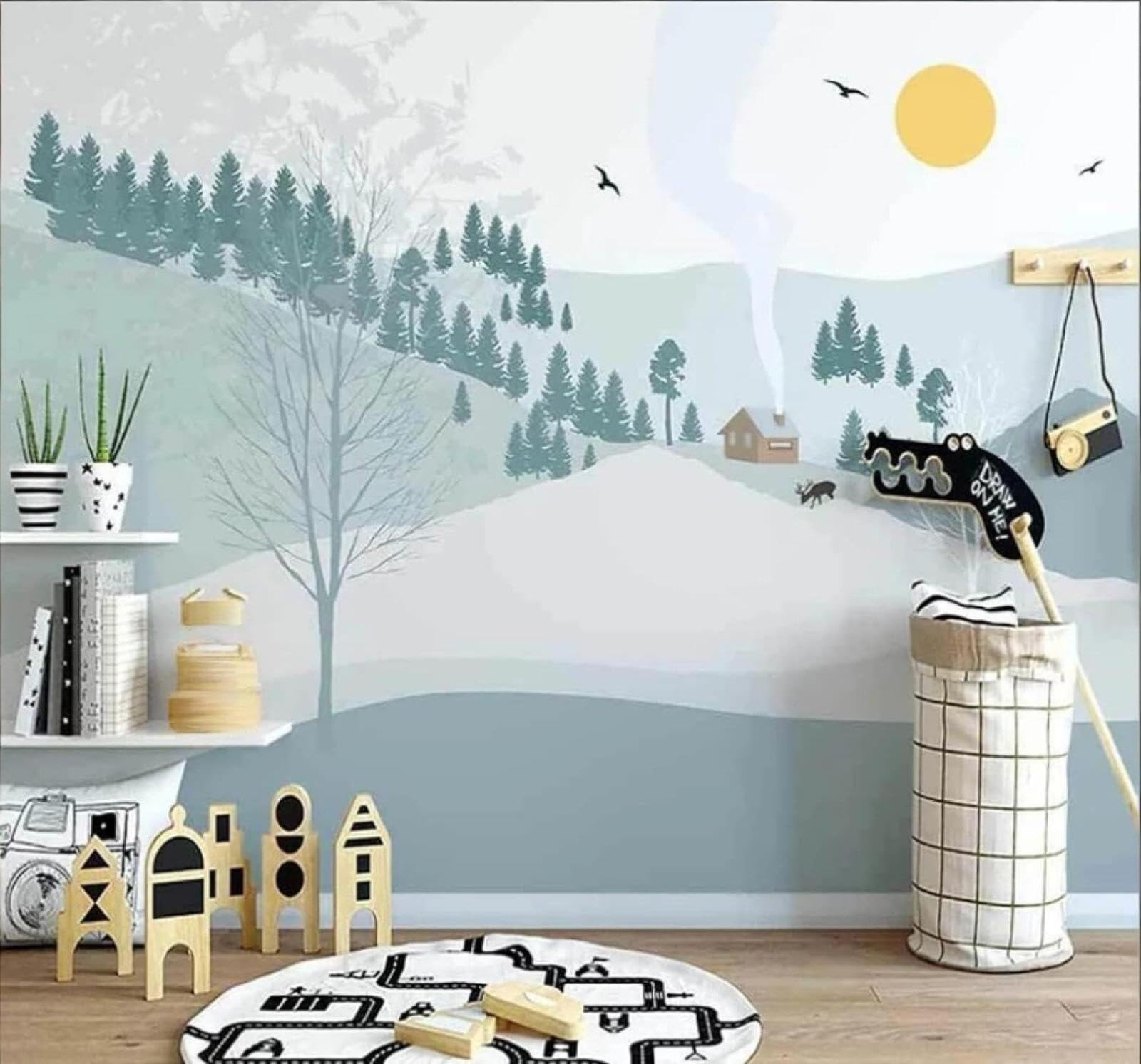 XLMING Cartoon Fresh Mountain Peaks Forest Landscape 3D Wallpaper Luxury Silk Study Dining Feature Sofa Grey Bedroom Living Room Tv Decorative Wall-200cm×140cm