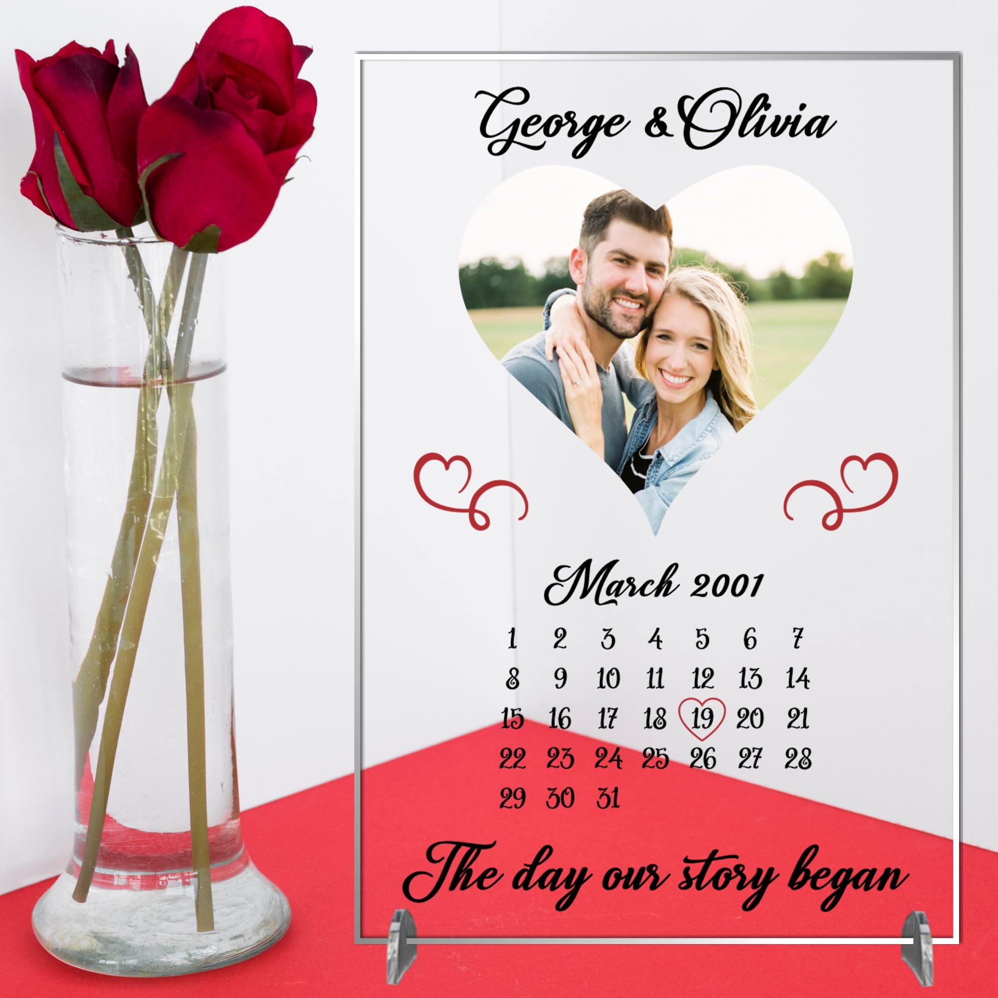 Personalised Anniversary Photo Plaque – Love Story Calendar, Custom Names and Date, Elegant Keepsake, Freestanding Display, (A4 30cm x 21cm, Acrylic Indoor & Outdoor Use)