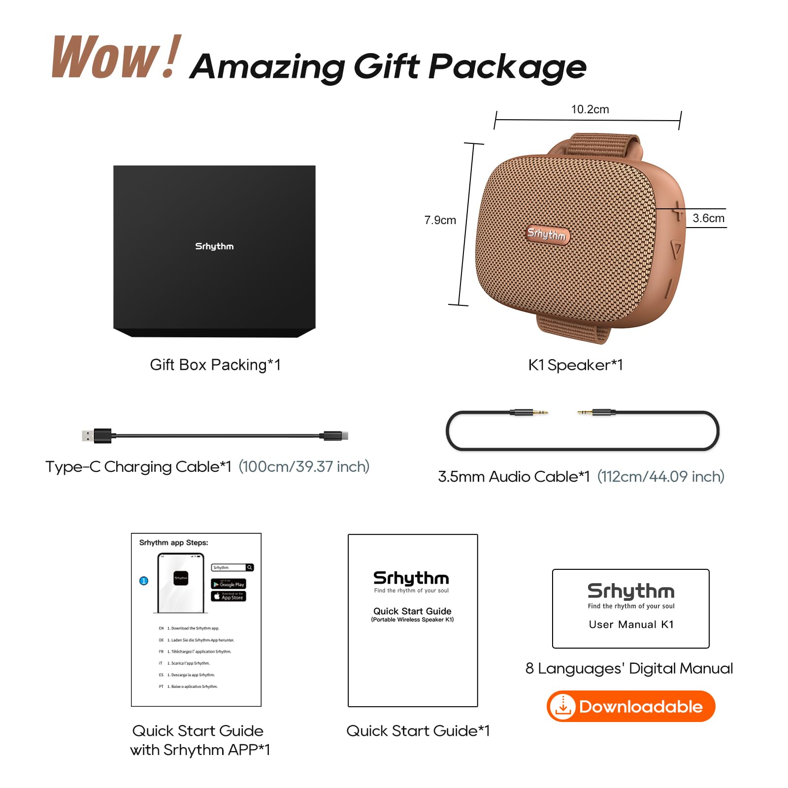 Srhythm Altoparlante Wireless Portatile K1 con app, 6 Modalità EQ Personalizzabili, Bluetooth 6.0, Impermeabile IPX7, 20 Ore di Riproduzione, Piccolo Altoparlante per gli Appassionati di Sport
