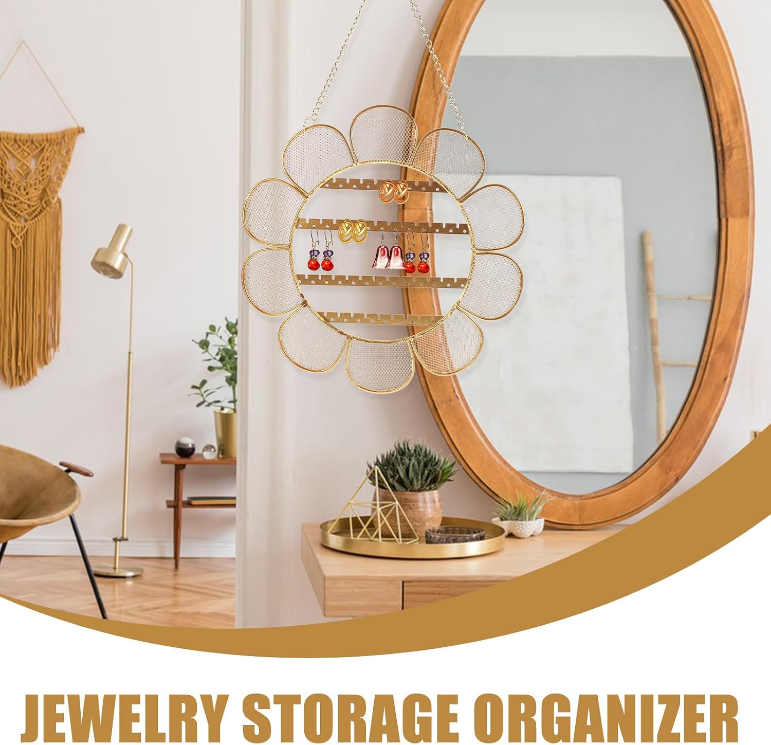 Hanging Jewelry Organizer Sunflower Shape Wall Mount Jewelry Holder for Necklaces and Earrings with Iron Hooks, Golden Multi-layer Display Rack for Home and Store