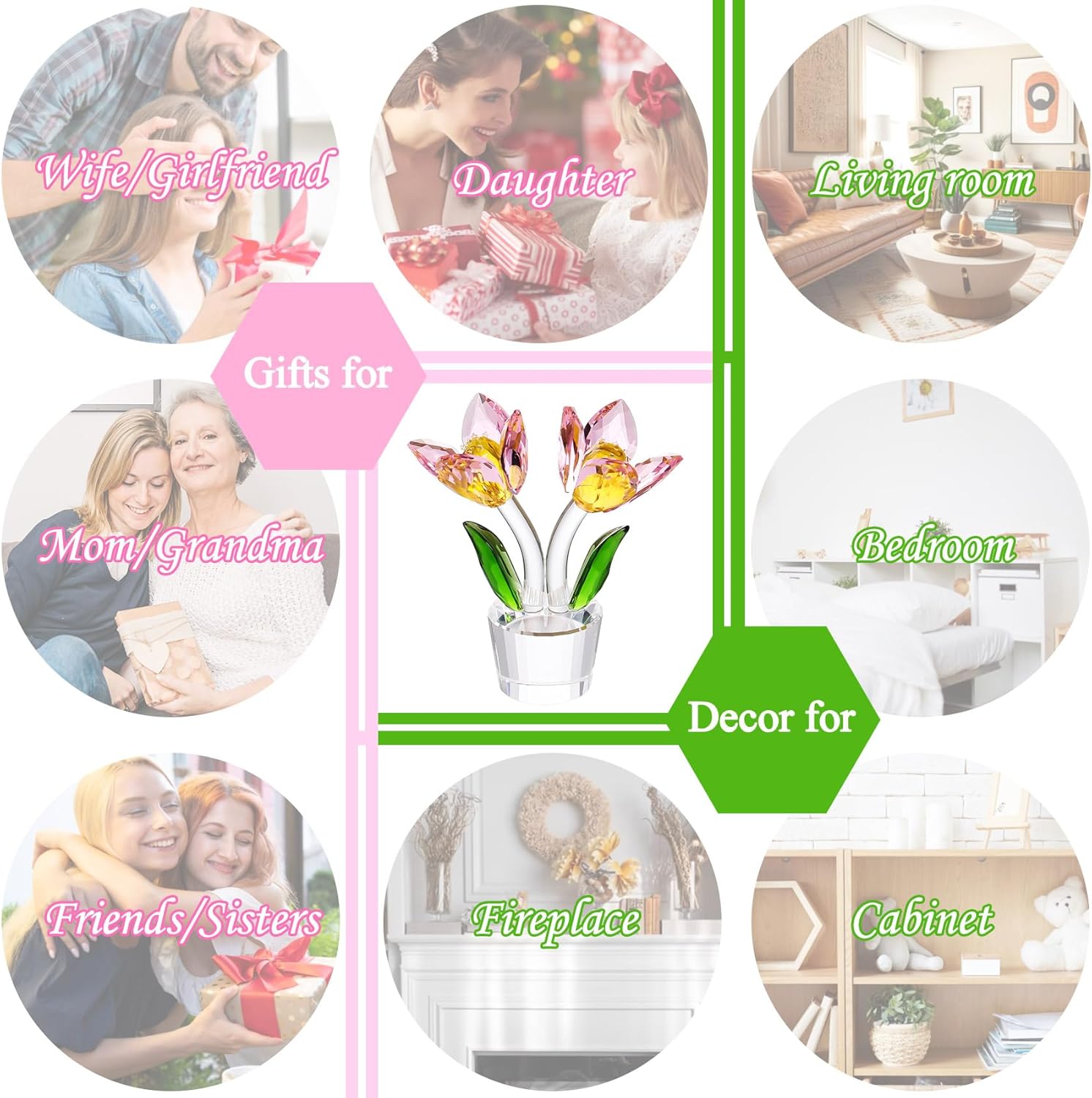 YWHL Pink Crystal Tulips Flower Figurine Decor, Beautiful Glass Flower Gifts for Women, Tulip Collectible Statue with Base for Table Centerpiece, Birthday Ideas (Pink) - Image 3