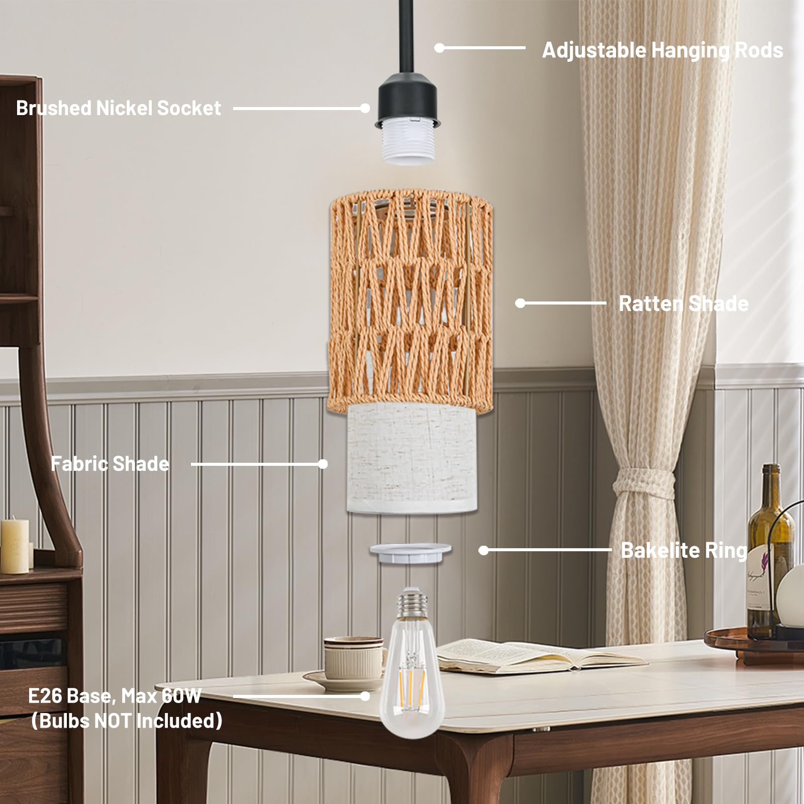 Lámpara colgante bohemia, luces colgantes de ratán con 2 en 1 lino y pantalla tejida, lámparas de techo para isla de cocina, comedor, granja, dormitorio (1 unidad) 8