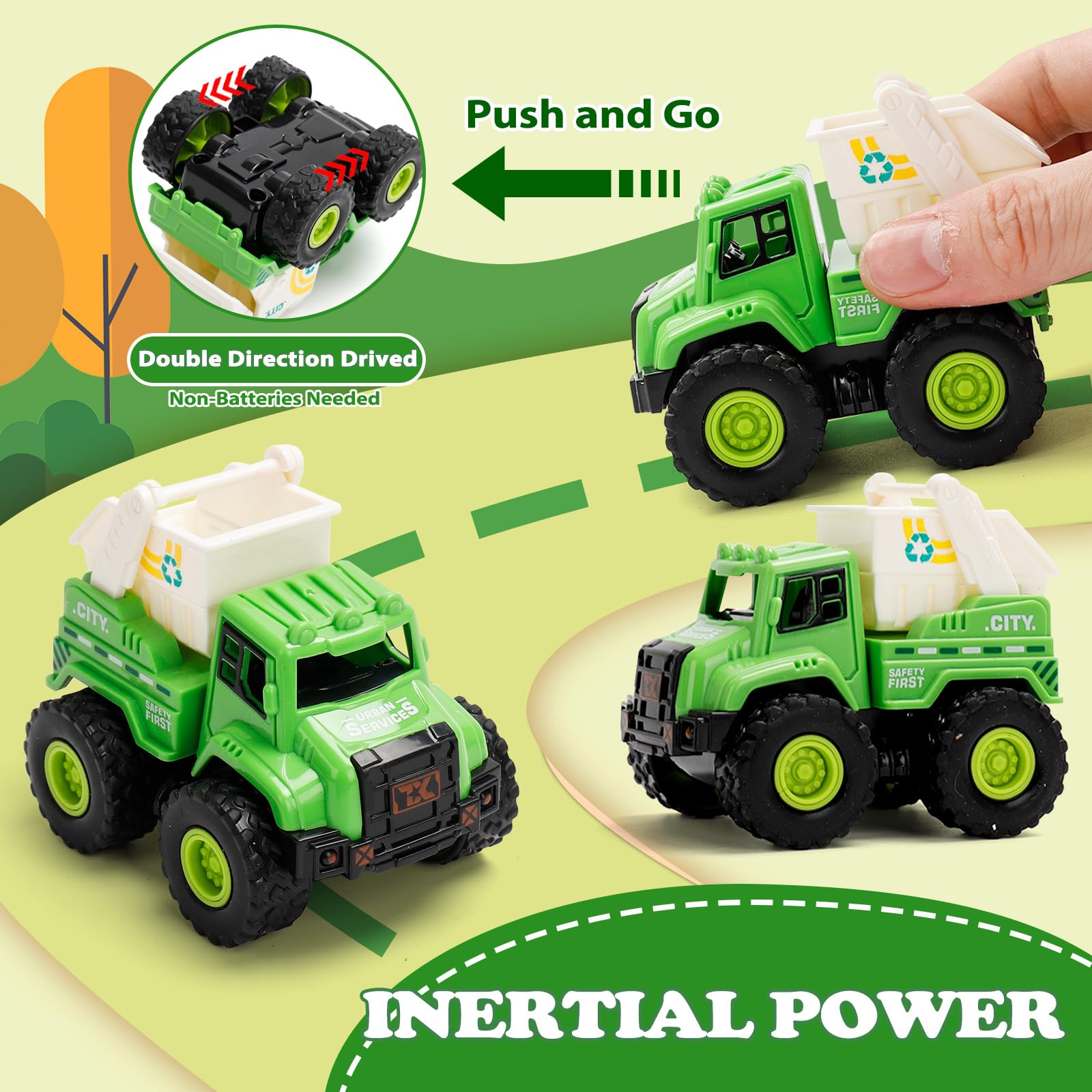 YGNNXRN 4-in-1 Push and Go Sanitation Truck Toy Set for Toddlers, Includes Garbage Truck, Street Cleaner - Image 2