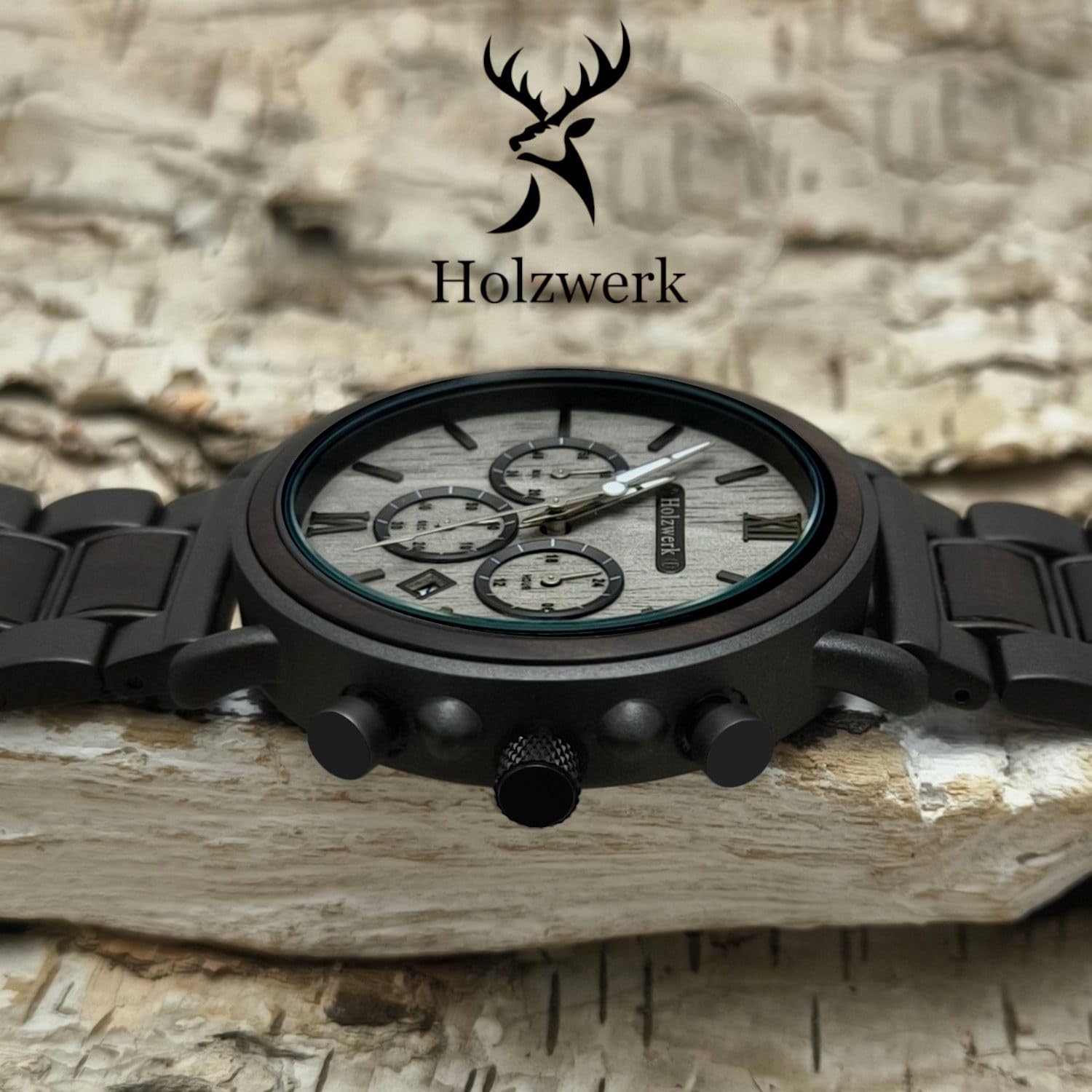 Holzwerk Germany Reloj de diseño hecho a mano para hombre, reloj de madera natural, reloj cronógrafo, analógico, cuarzo, marrón, negro, gris, números romanos, fecha, madera