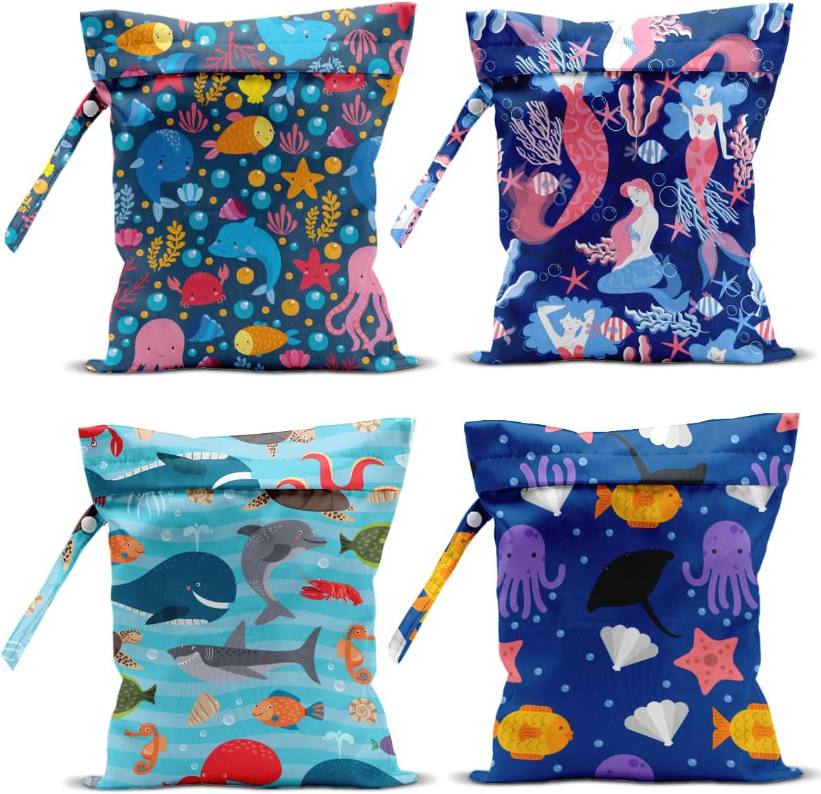 Wet Bag, 4Pcs Wet Dry Bag Set, Reusable Waterproof Bags with Underwater Ocean Prints for Women, Ideal for Beach, Pool & Travel
