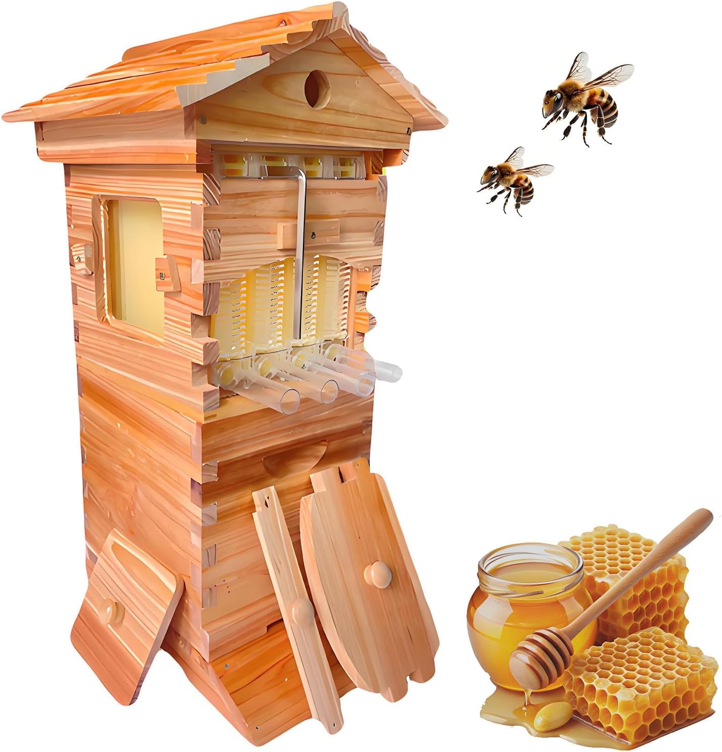 Self-Flowing Wooden Bee Box Beehive Kit with Observation Window & Honey Spout, Complete Beekeeping Set for Garden Pollinators & Honey Production