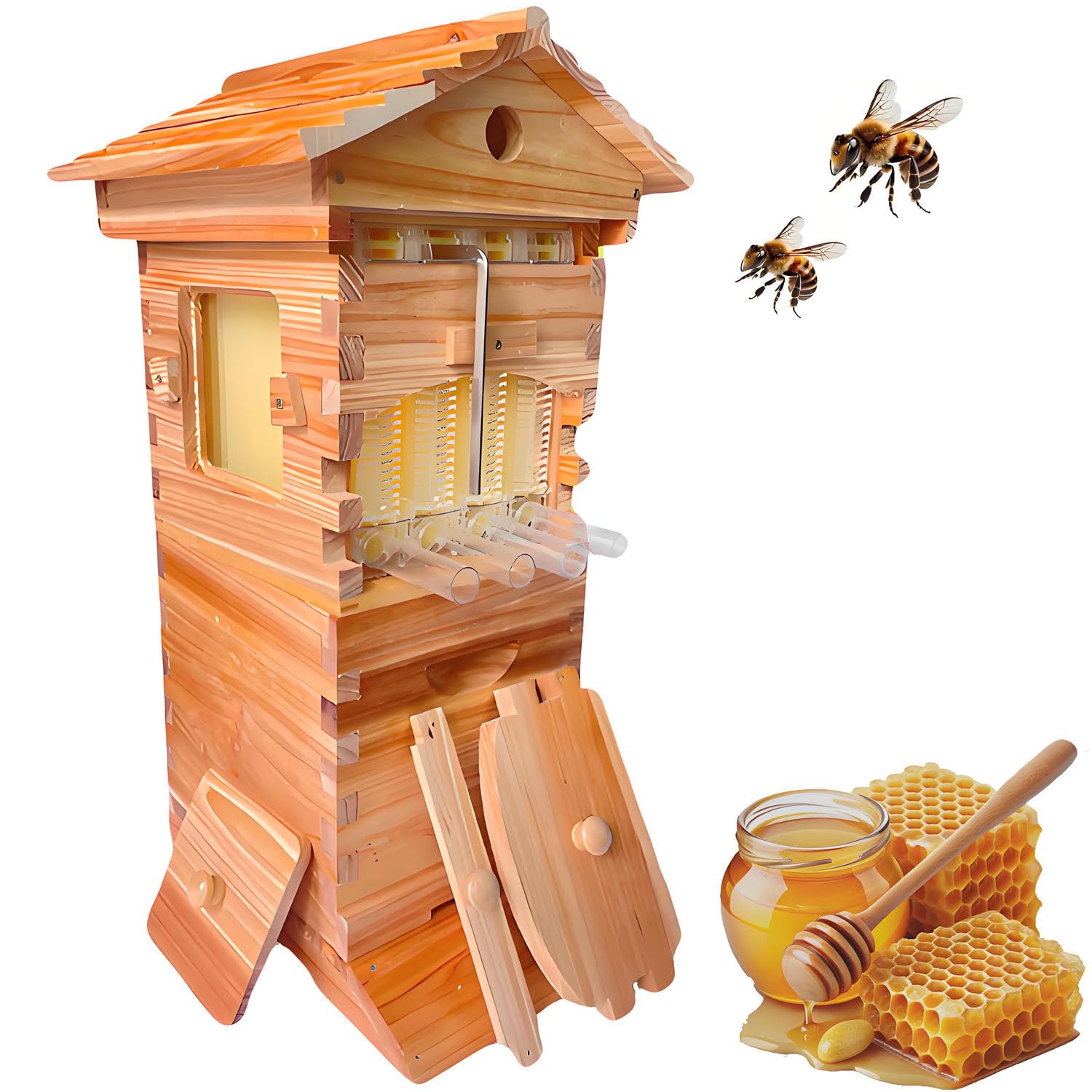 Ruche en Bois à Flux d'air Automatique, kit de démarrage avec fenêtre d'observation et Bec verseur, kit Complet pour l'apiculture et la pollinisation du Jardin.
