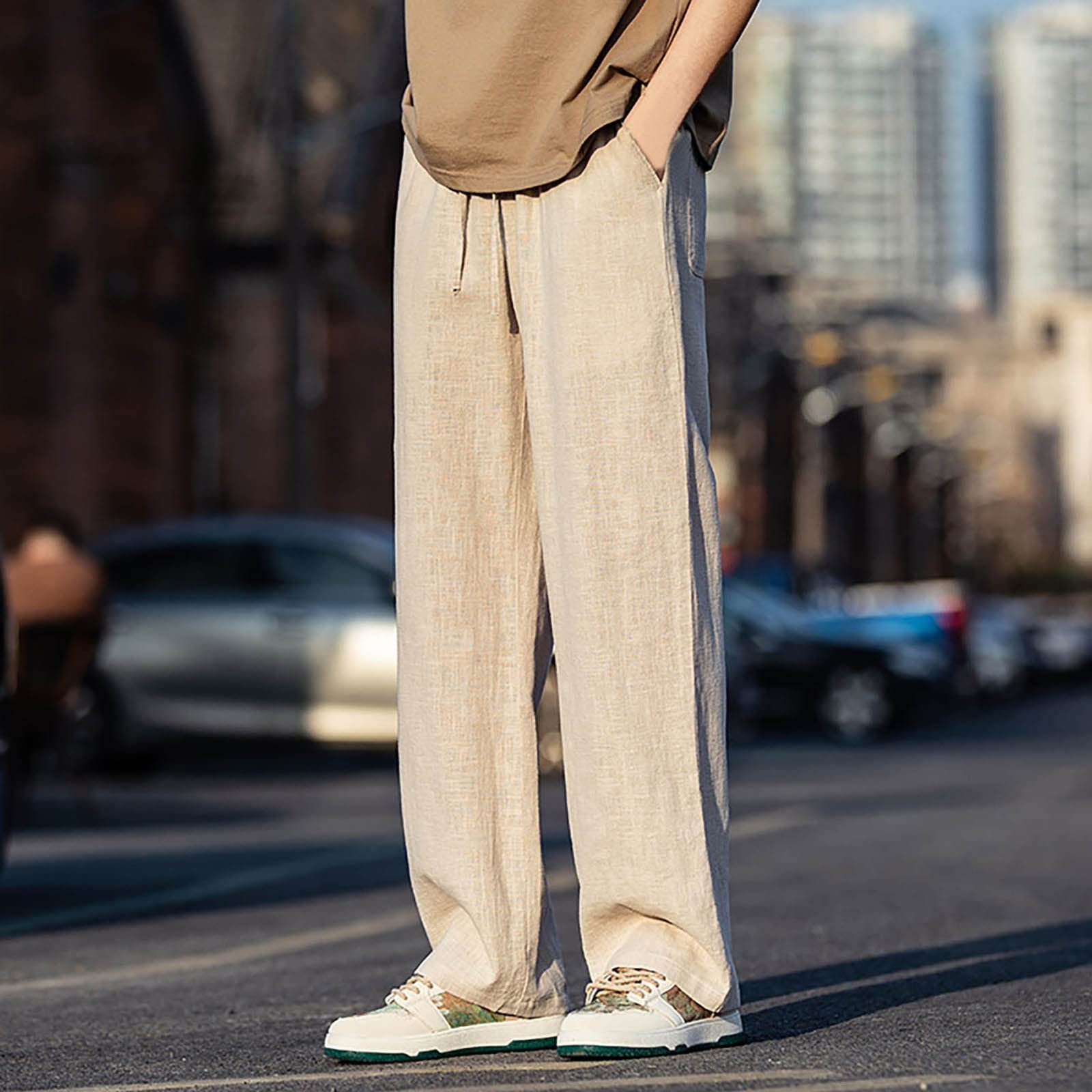 Generico Pantaloni Lino Uomo,Pantaloni Uomo Estivi,Pantaloni Lino Eleganti a Gamba Dritta per Stagione Primaverile Comodi e Moderni