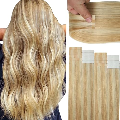 Lacer Natural Hair Extensions Tape in Human Hair Highlight Seamless PU Skin Weft 100% Real Virgin Hair Highlight Golden Blonde to Platinum Blonde 50g 20pcs/set 18 Inch, P#12/60