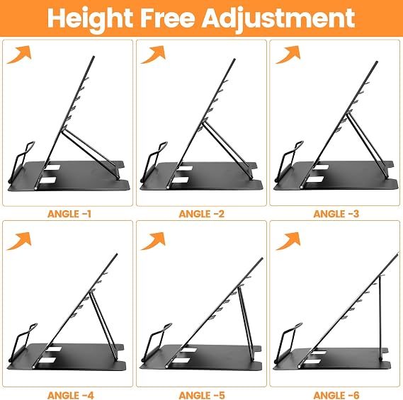 Adjustable Metal Book Stand, Book Holder for Readings, Cookbook Holders for Reading Hands Free, 6-Position Adjustable Angle Metal Reading Rack for Office School Library Home Tablet Phone