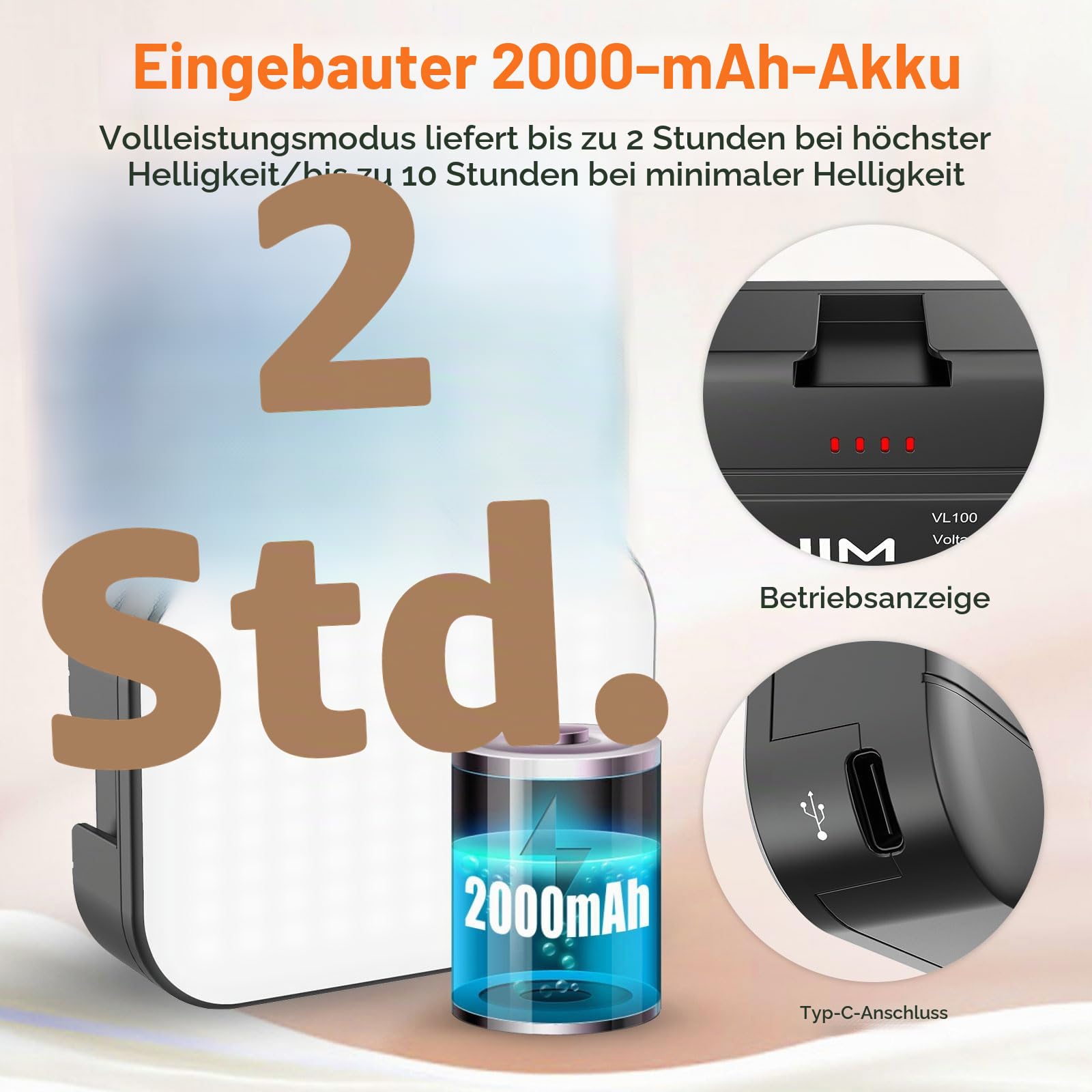ULANZI VL100X Selfie Licht mit Clip, LED Videoleuchte mit 2000mAh Akku, Kamera Licht dimmbare 2500-6500K, CRI 95+, 3 Lichtmodi, Videolicht für Handy, Tablet, iPad, Laptop, YouTube, TikTok