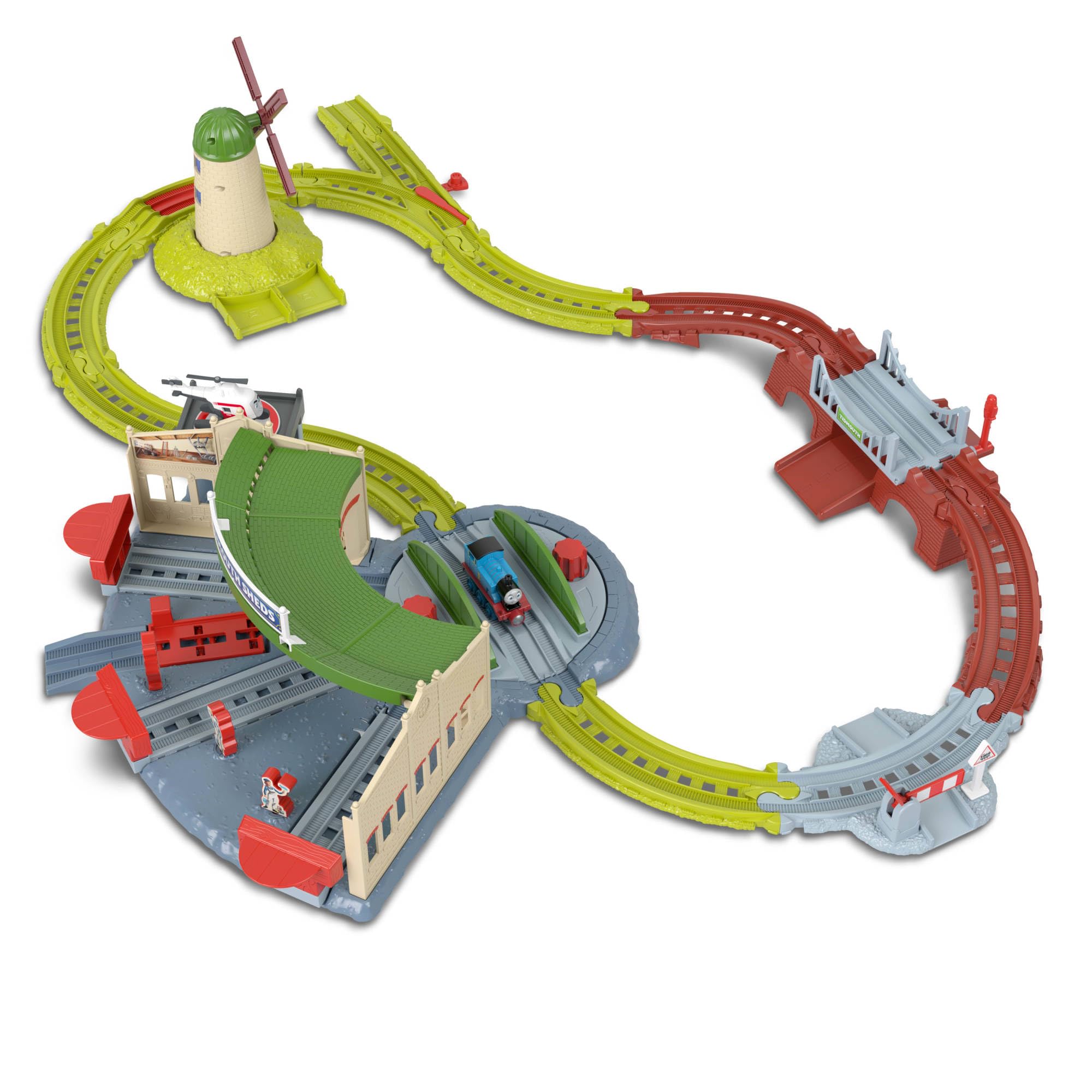 Fisher-Price Thomas y Sus Amigos Conjunto de Trenes de Juguete, Aventura en Las cocheras de Tidmouth con una Locomotora Thomas y Harold el helicóptero, Incluye Plataforma giratoria, JRW06