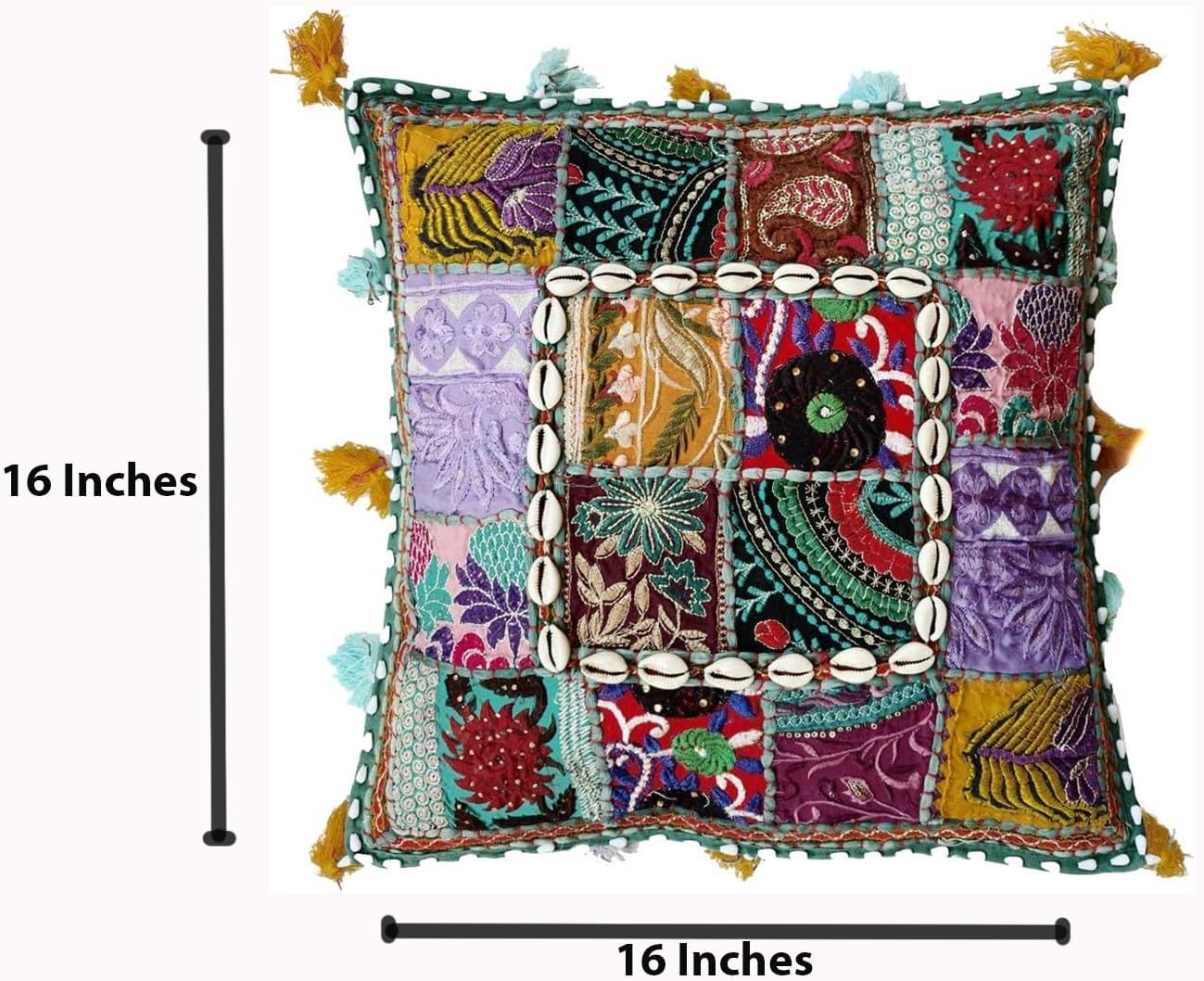 Rastogi Handicrafts Multi Color Sari Patchwork Cushion Cover - Beaded Decorative Sari Pearl and Cowrie Shell Work Ethnic Indian Square Pillow Cover (Dark Green)