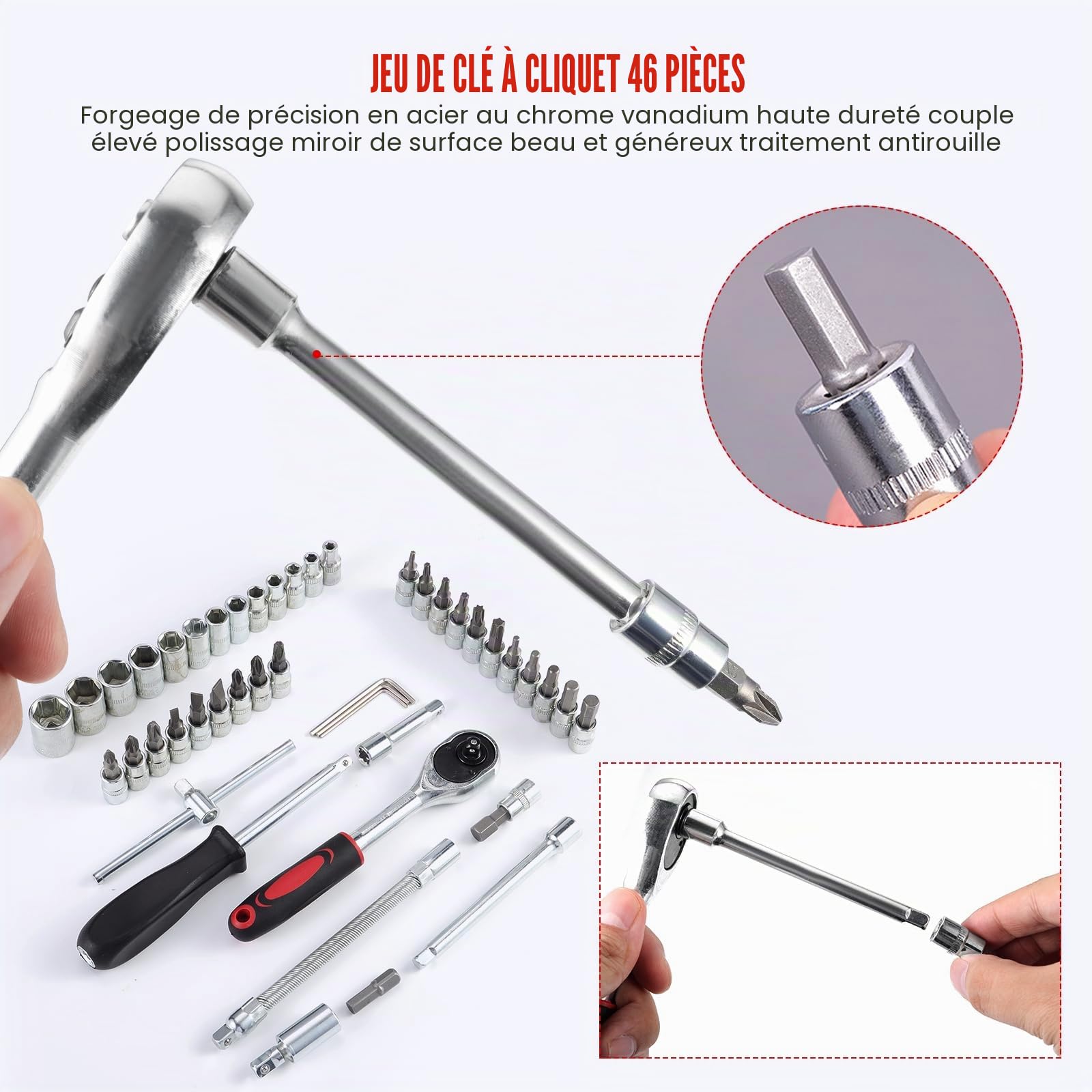 46pcs kit de clé à douille, kit de clé à cliquet, kit de clé à cliquet à douille métrique, outil de réparation de voiture à tête de tournevis 1/4 "(noir)