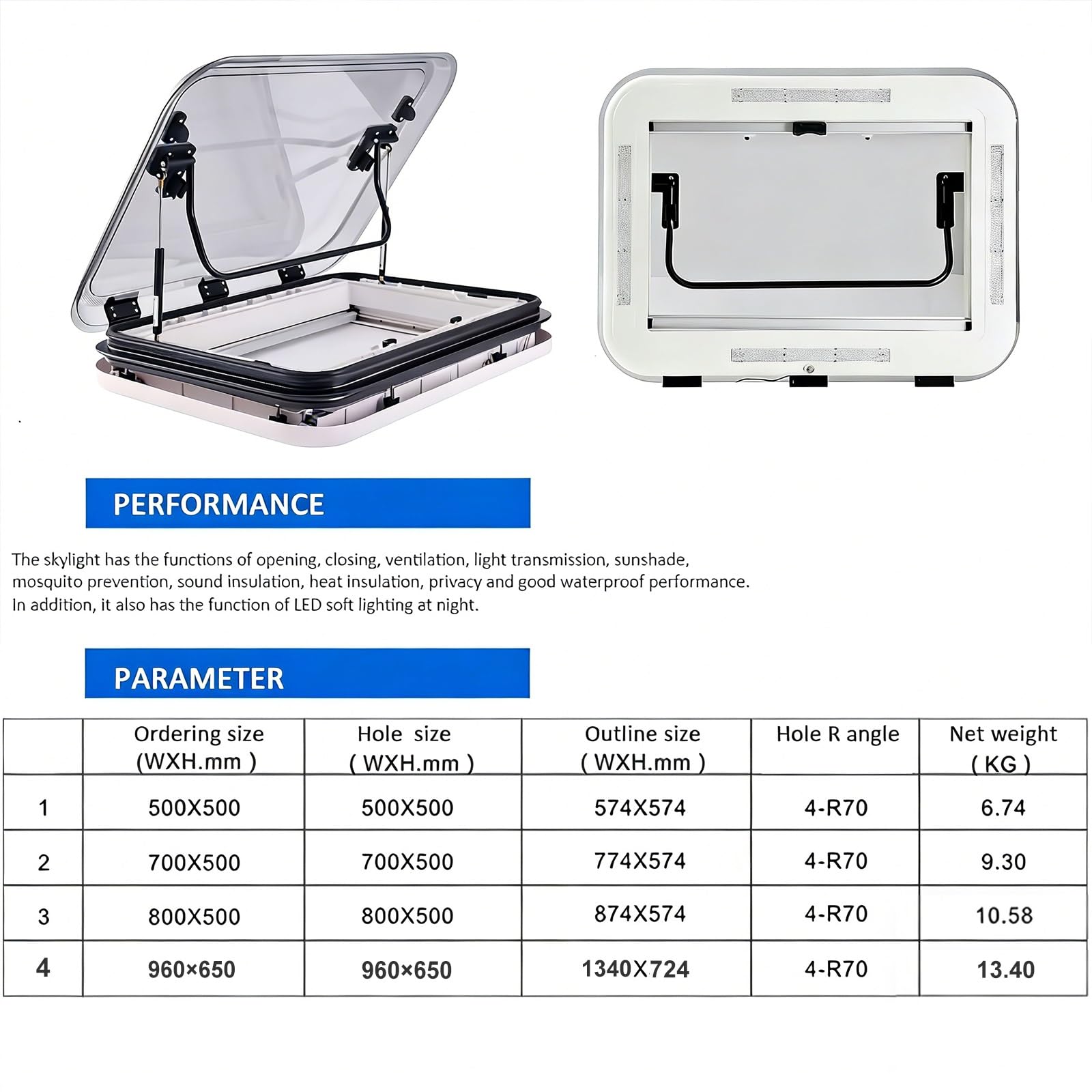 Ventilazione per tetto di camper, oblò con ventilazione forzata + LED, spessore del tetto 25-60 mm, finestra da tetto in lega di alluminio per roulotte e camper(700 * 500mm (27.6 * 19.7in))