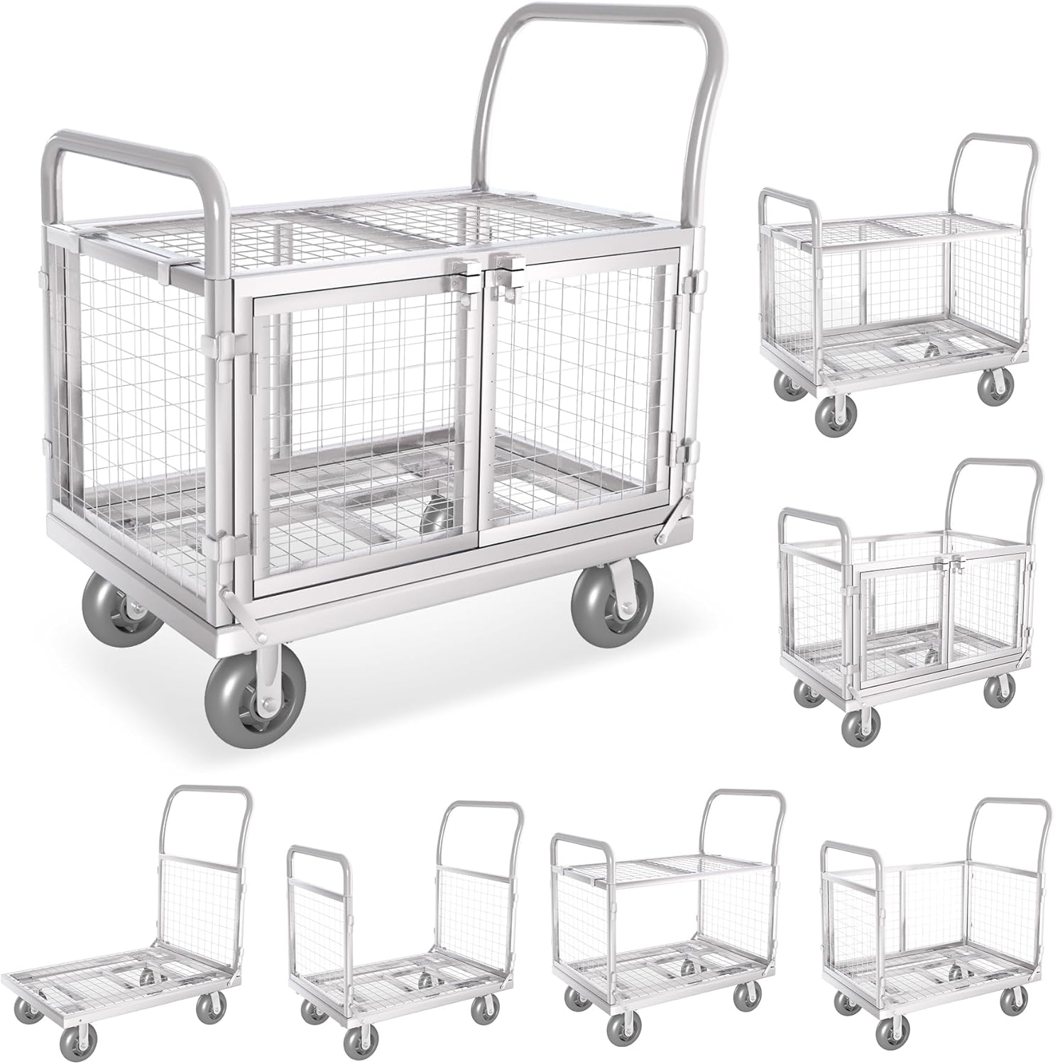 Platform Truck Cart with Cage 2-Door Design 7 in 1 Mutipurpose Handcart with 5" Wheel 39"x25" Large Uitility Cart, Mesh Plate w/Removalble Fence 6-Side, Load 2000lbs for Grocery/Laundry/Stall/Storage