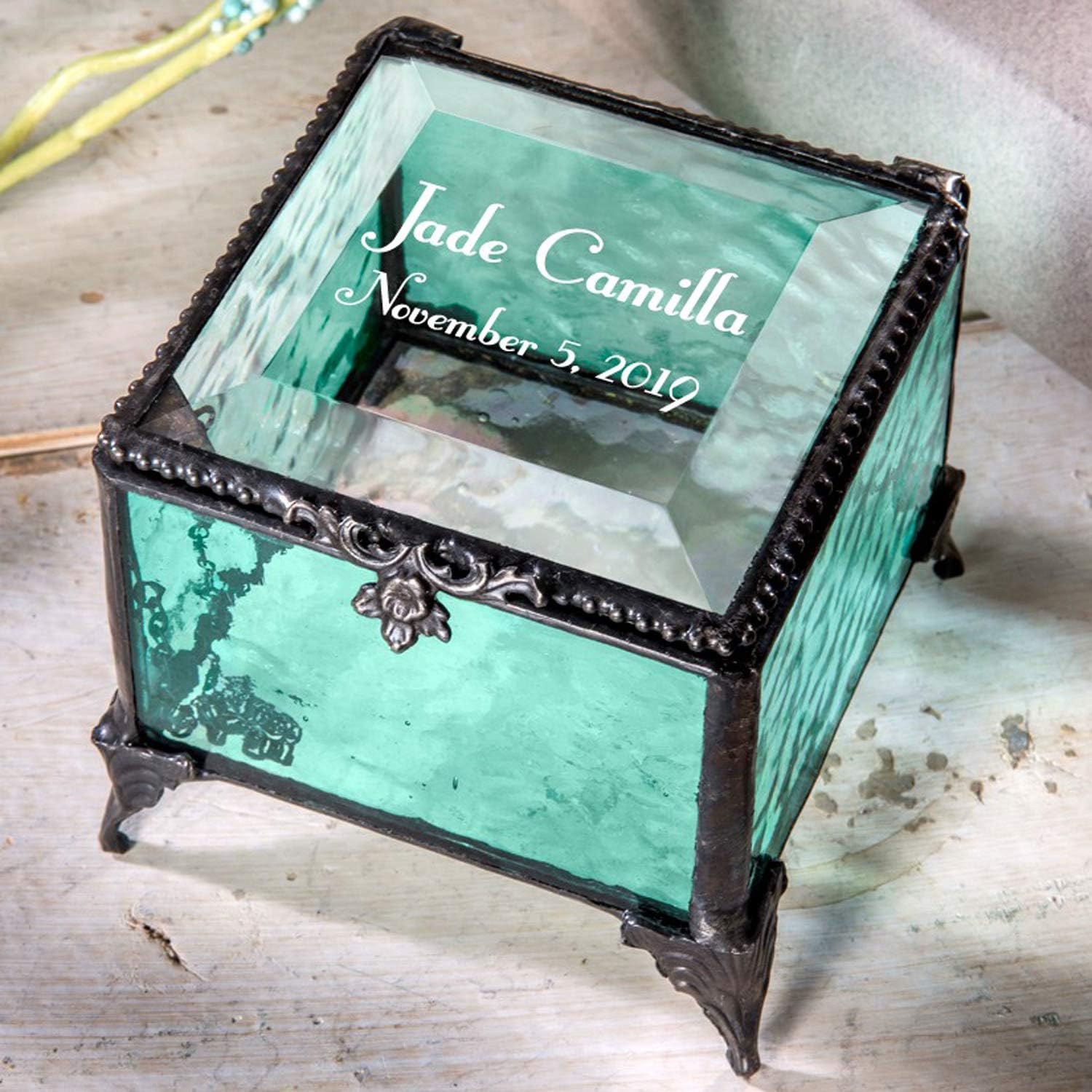 Personalized Baby Keepsake Box Customized Baptism Christening Gift Engraved Glass Jewelry Trinket J Devlin Box 910 EB217-2 (Windsor Blue)