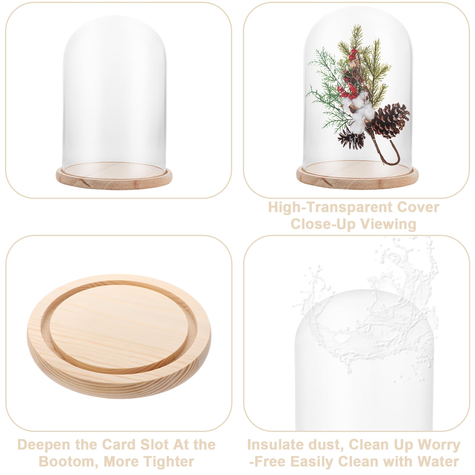 APACALI 1PCS Cloche en Verre avec Fond en Bois, Cloche décorative de 30 cm, Cloche en Verre Transparent, Cloche en Verre avec Fond pour lumières, décoration, Accessoires d'intérieur