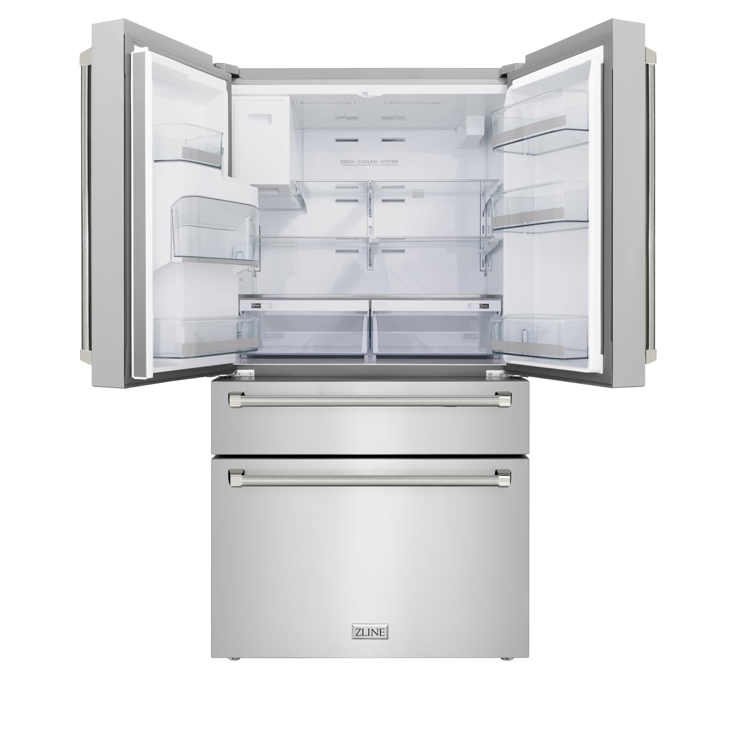 ZLINE Autograph Edition 36 In. 21.6 Cu. Ft. Counter-Depth French Door Refrigerator With Water And Ice Dispenser In Fingerprint-Resistant Stainless Steel With Polished Nickel Helix Handles on Fridge.com - View 2