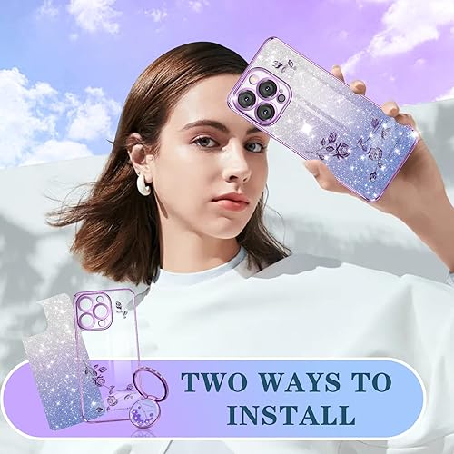 Miniatura 6 de Coralogo Funda 3 en 1 para Apple iPhone 14 Pro con purpurina brillante para mujeres y niñas, funda brillante para teléfono, bonito diseño floral de