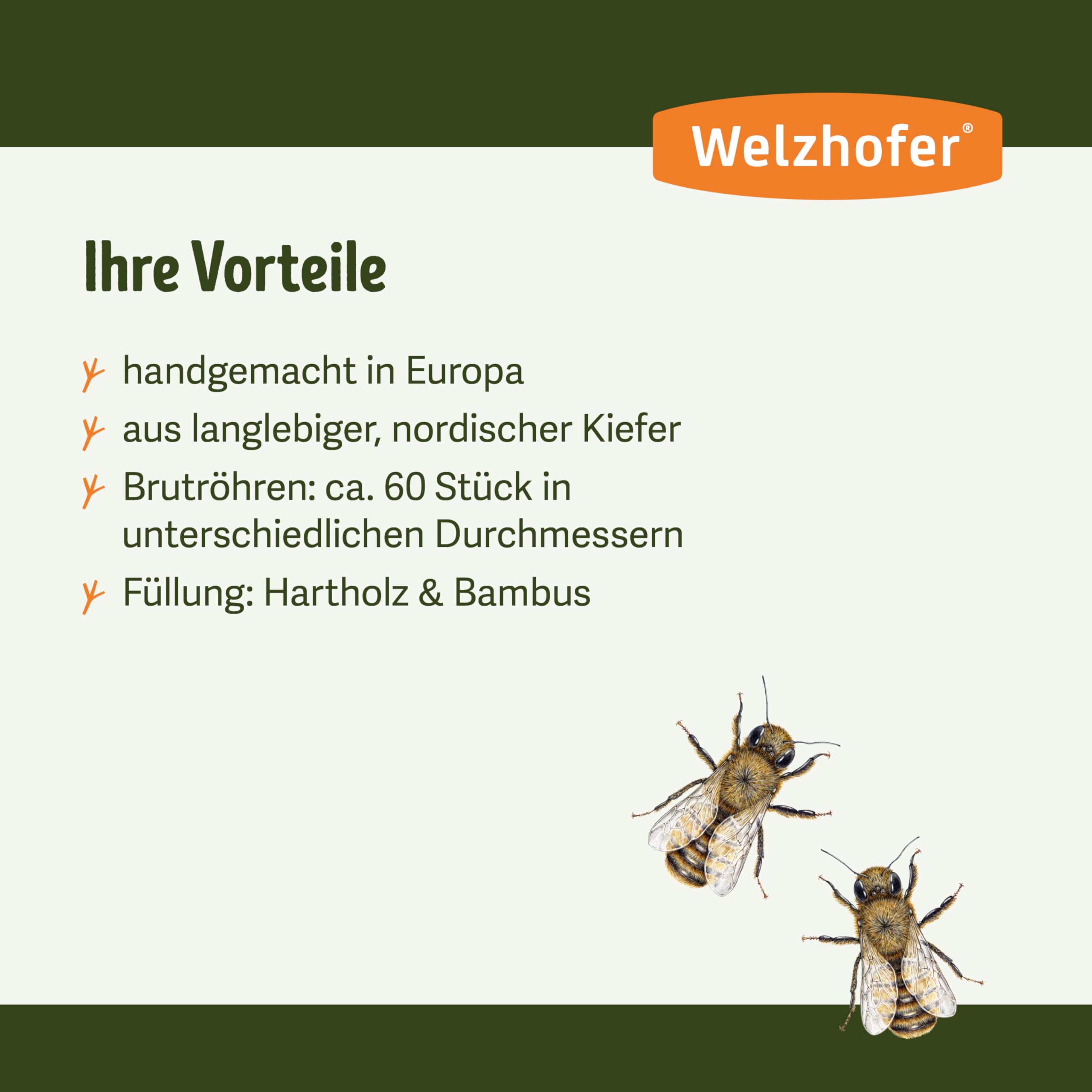 Wildbienenkasten Janine, Bienenhotel mit Brutröhen mit 10cm Tiefe - mehr Platz für die Eiablage, Insektenhotel aus massivem Buchenblock gefertigt, Wildbienenhaus handgemacht in Europa
