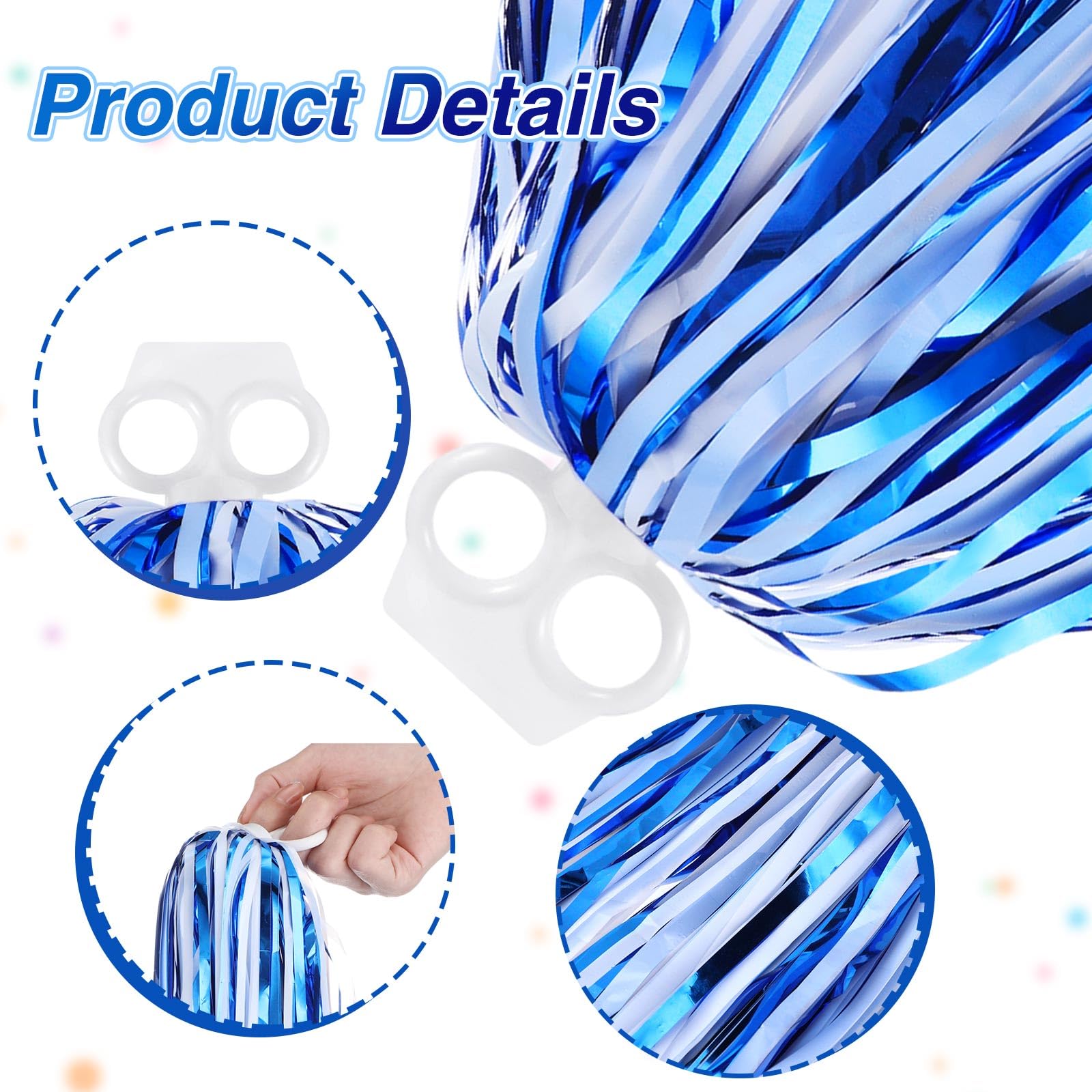 Thenshop Cheerleader Pompons – 4er Pack, Blau-weiß, Aus Metallic-Folie, Mit Ringgriff