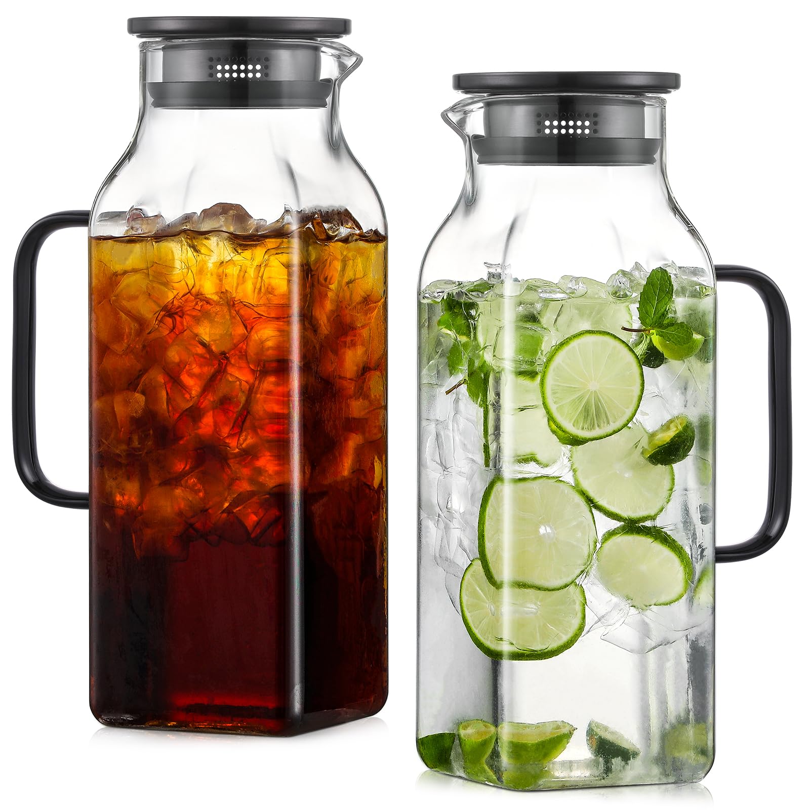 Photo 1 of 2 Pack 2 Liters/68 oz Square Glass Pitcher with Lid and Handle for Fridge, Iced Tea and Coffee Carafe Beverage Serveware, Heat Resistant Borosilicate Water Black Jug for Hot/Cold Drinks and Milk