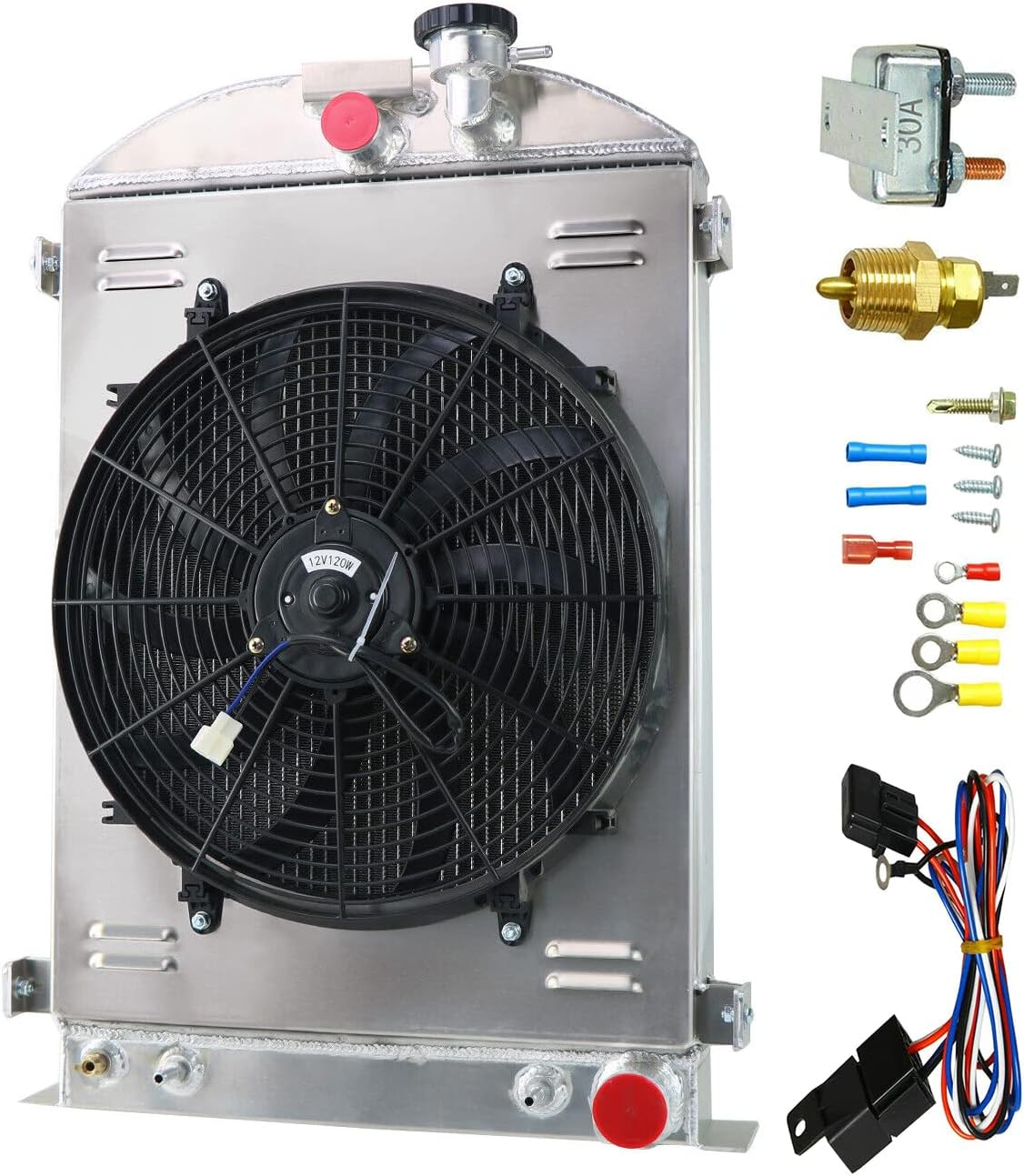 3 Row Aluminum Radiator+Shroud Fan+Relay Compatible with 1930-1932 Ford MODEL A B Hot Rod Chevy V8 AT