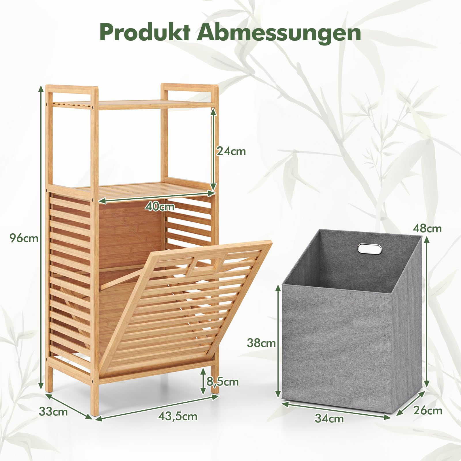 COSTWAY Badregal mit Wäschekorb, Regal aus Bambus, Badschrank mit 2 Ablagen & Ausklappbarer Korb aus Stoff, Wäschesammler für Badezimmer, Waschküche, Natur, 43,5 x 33 x 96 cm