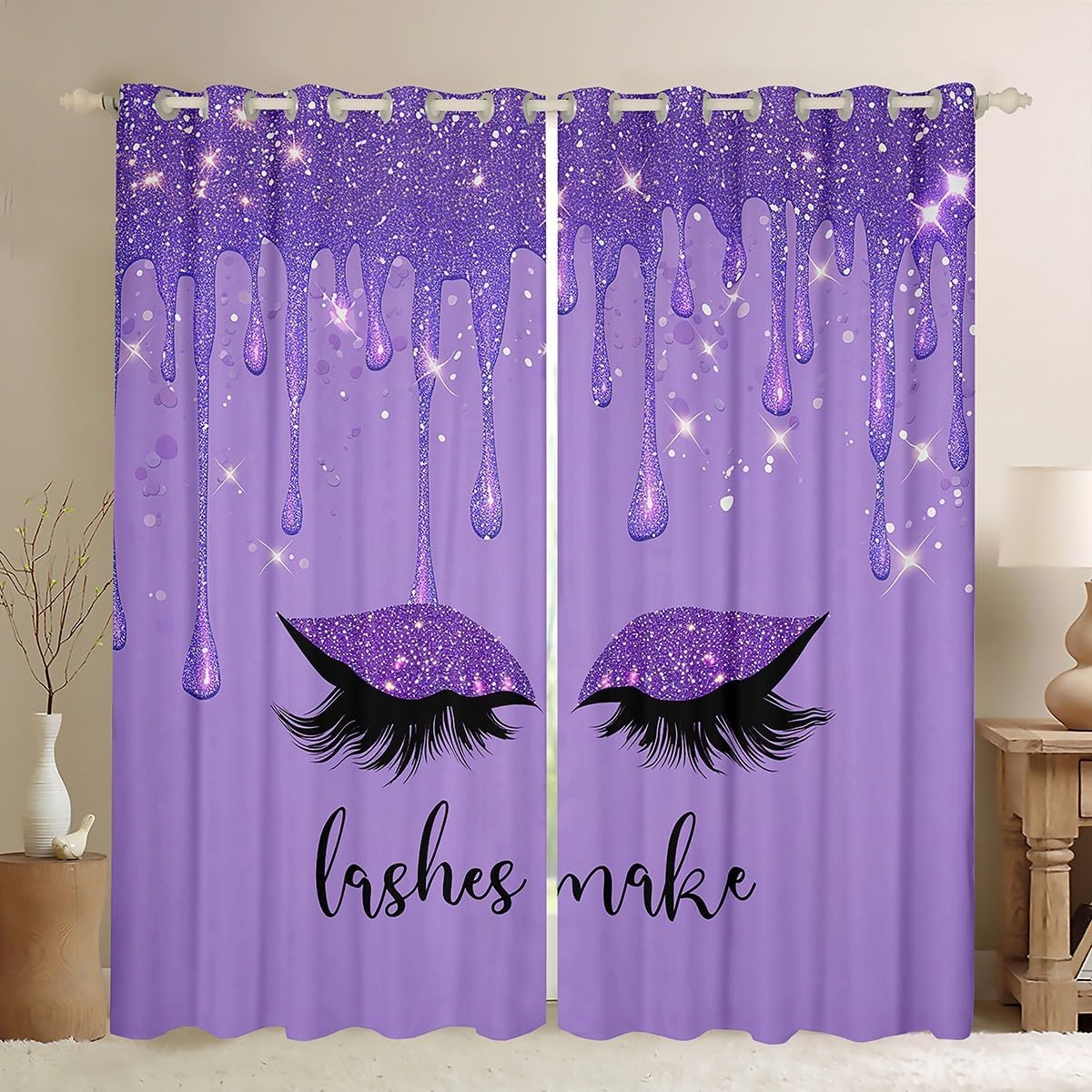 Smiling Eyelashes Princess Window Curtains,Glitter Dreamy Window Drapes for Kids Girls Adults,Purple Gradient Glitter Romantic Window Treatments Grommet Top 2 Panel Set Bedroom Curtains,42Wx84L inch