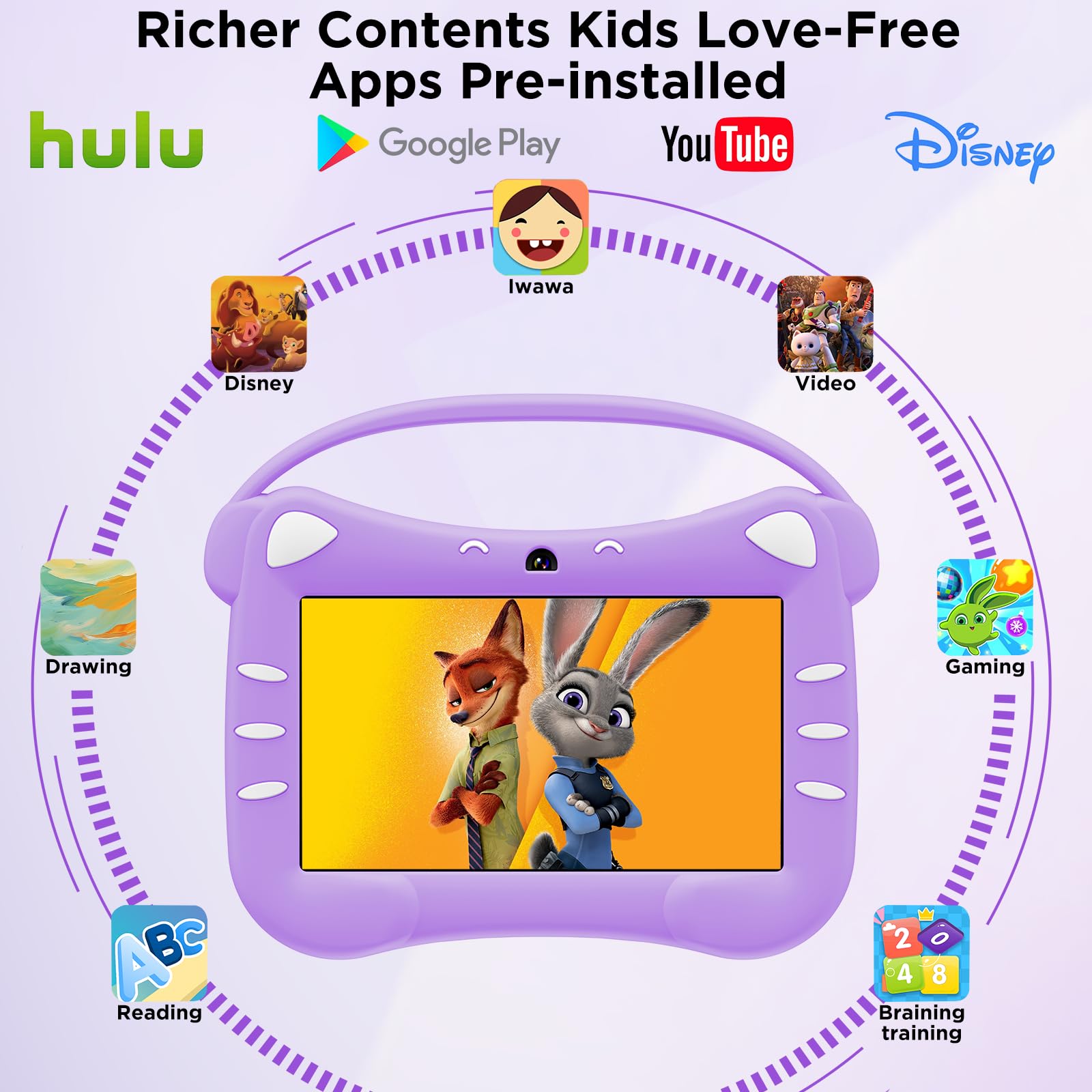 ascrecem Tablet para Niños 7 Pulgadas Android Tablet Infantil con WiFi Doble Cámara Bluetooth Control Parental 2GB RAM 32GB ROM Tableta Educativa 3 a 14 año (Morado)