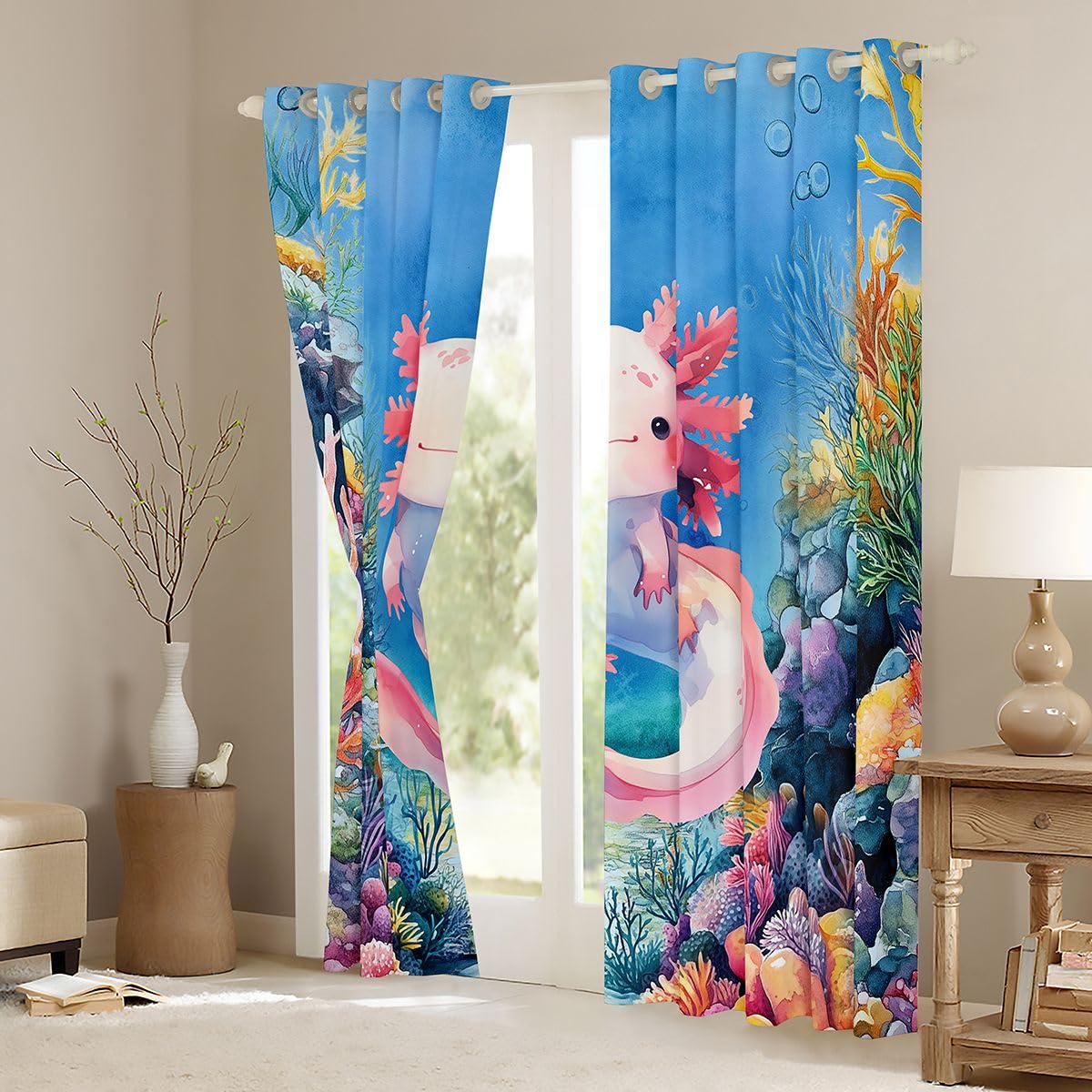 Homemissing Axolotl - Tende oscuranti per camera da letto e soggiorno, motivo animali marini in stile cartone animato, tende oscuranti con salamandra, 2 pannelli, 132 x 228 cm, decorazione per la