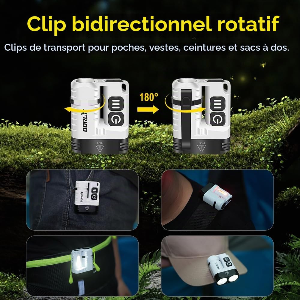 BORUIT U6 Lampe Torche LED ultra puissante 1600 Lumens, Lampes de poche Mini Rechargeable A/C-C Torche avec Clip Aimant, IP68 Étanche EDC Petite USB Torches Pour Le Camping D'Extérieur Randonnée