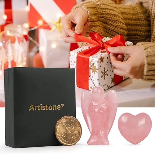 Miniatura 4 de Artistone Juego de figura de ángel de la guarda de bolsillo de cuarzo rosa y piedra de corazón de chakra, piedra preciosa tallada, cristal curativo,