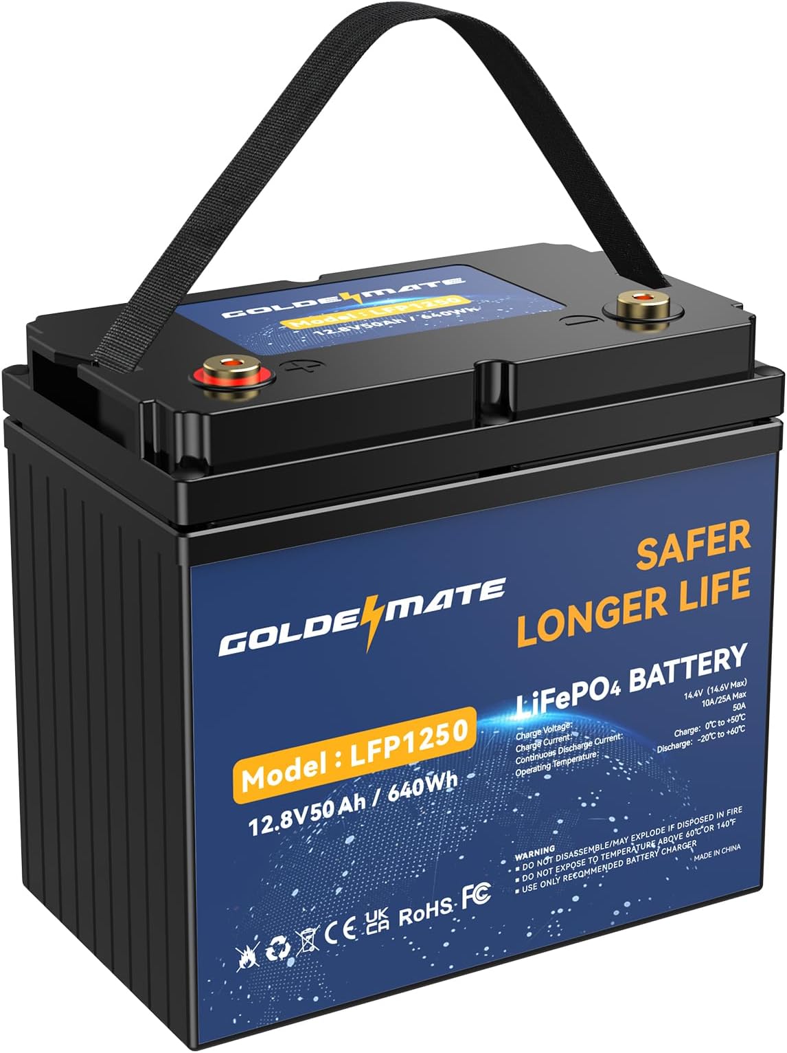 GOLDENMATE 12V 50Ah LiFePO4 Battery, 10 Years Lifespan & 5000+ Cycles, Max to 640Wh, Rechargeable Lithium Iron Phosphate Battery with 50A BMS, Perfect for Solar, Marine, Trolling Motor, RV, Camping