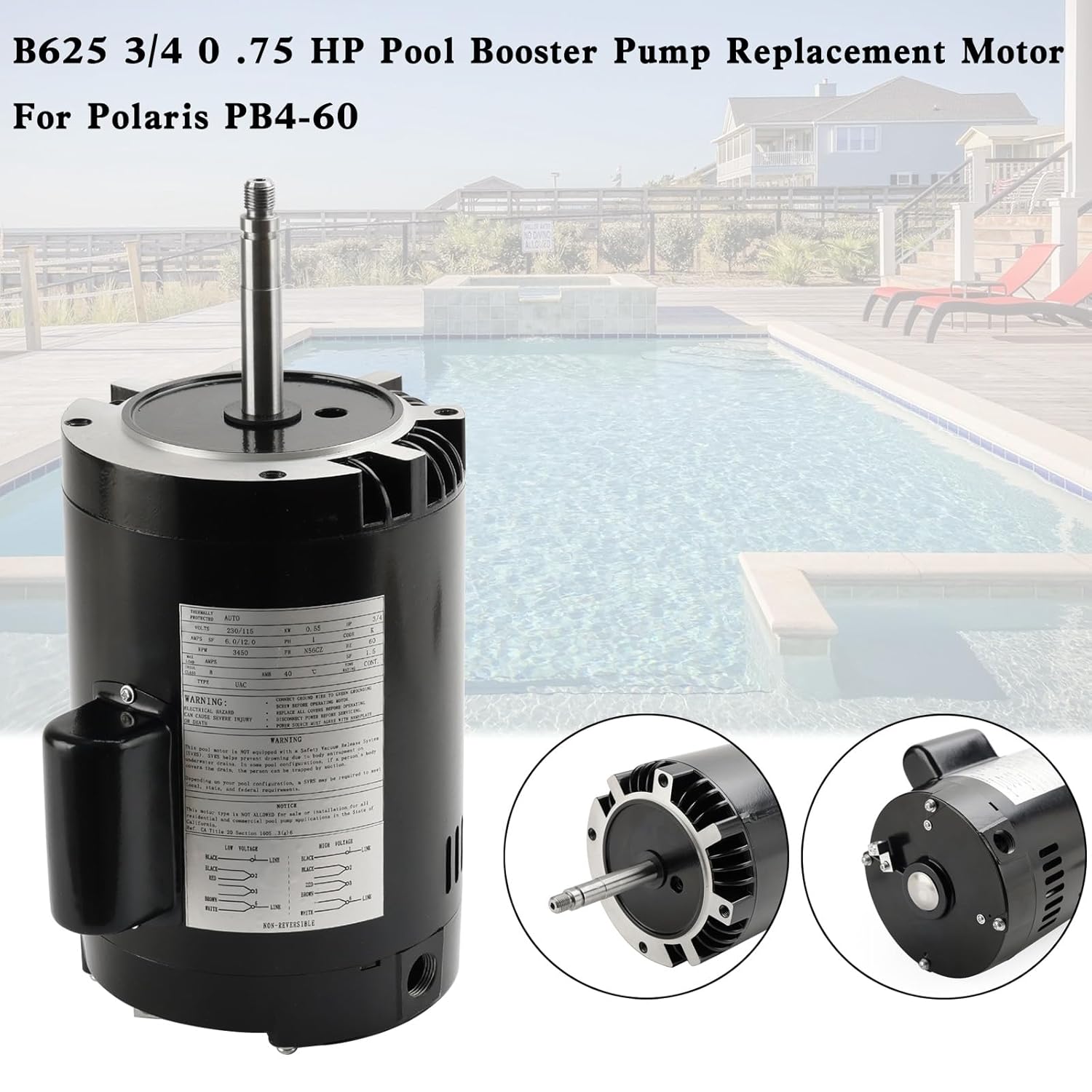 B625 3/4 0.75HP Pool Booster Pump Replacement Motor for Polaris PB4-60,for Above Ground Pools, In Ground Pools
