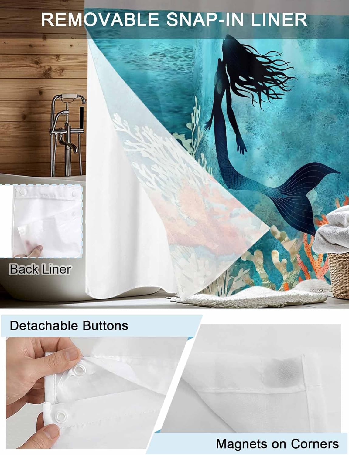 No Hook Shower Curtain with Snap in Liner, Watercolor Mermaid Silhouette Coral Shower Curtains for Bathroom Bath Curtain with See Through Top Window Undersea World