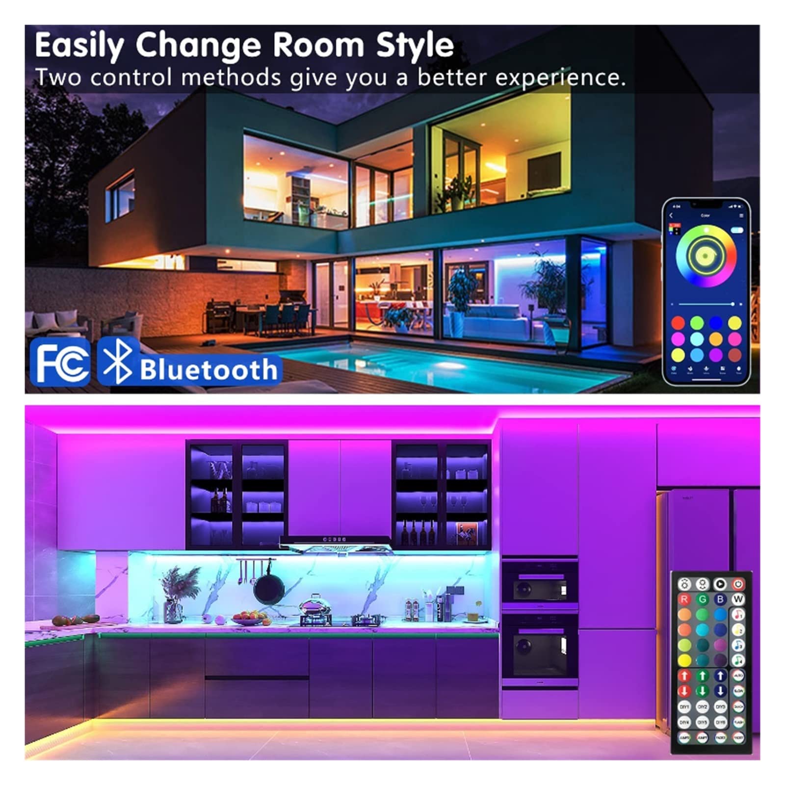 Taśma świetlna LED, sterowanie RGB, zmieniające kolory, z 24 przyciskami, pilot zdalnego sterowania, tryb 5050, do dekoracji pokoju, telewizor Bluetooth, SMD5050 RGB (BT 44 klawisze, pełny