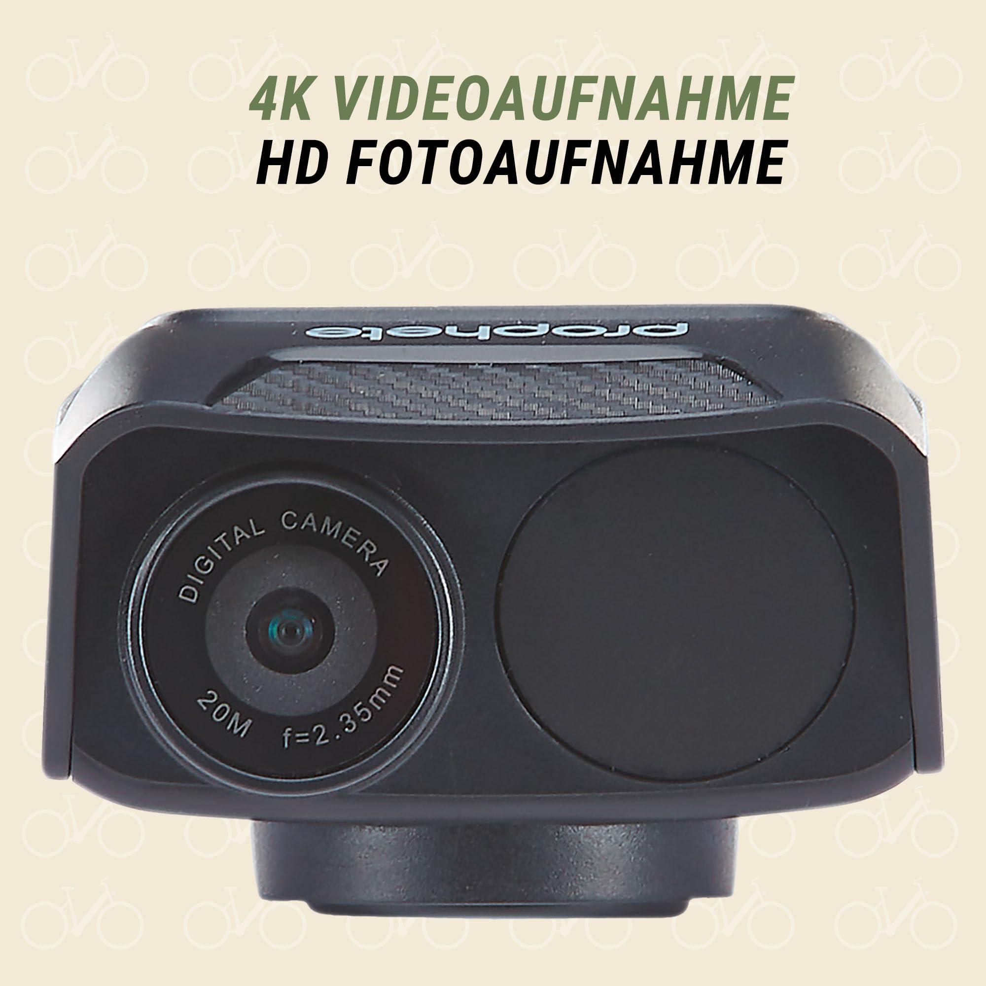 Prophete Fahrrad Dashcam – 4K 30 fps Video, 20 MP Fotos, Front- & Rückfahrkamera, 4,5 Std. Aufnahmezeit, App-Steuerung für iOS & Android, robuste Lenkerhalterung, USB-C Ladefunktion