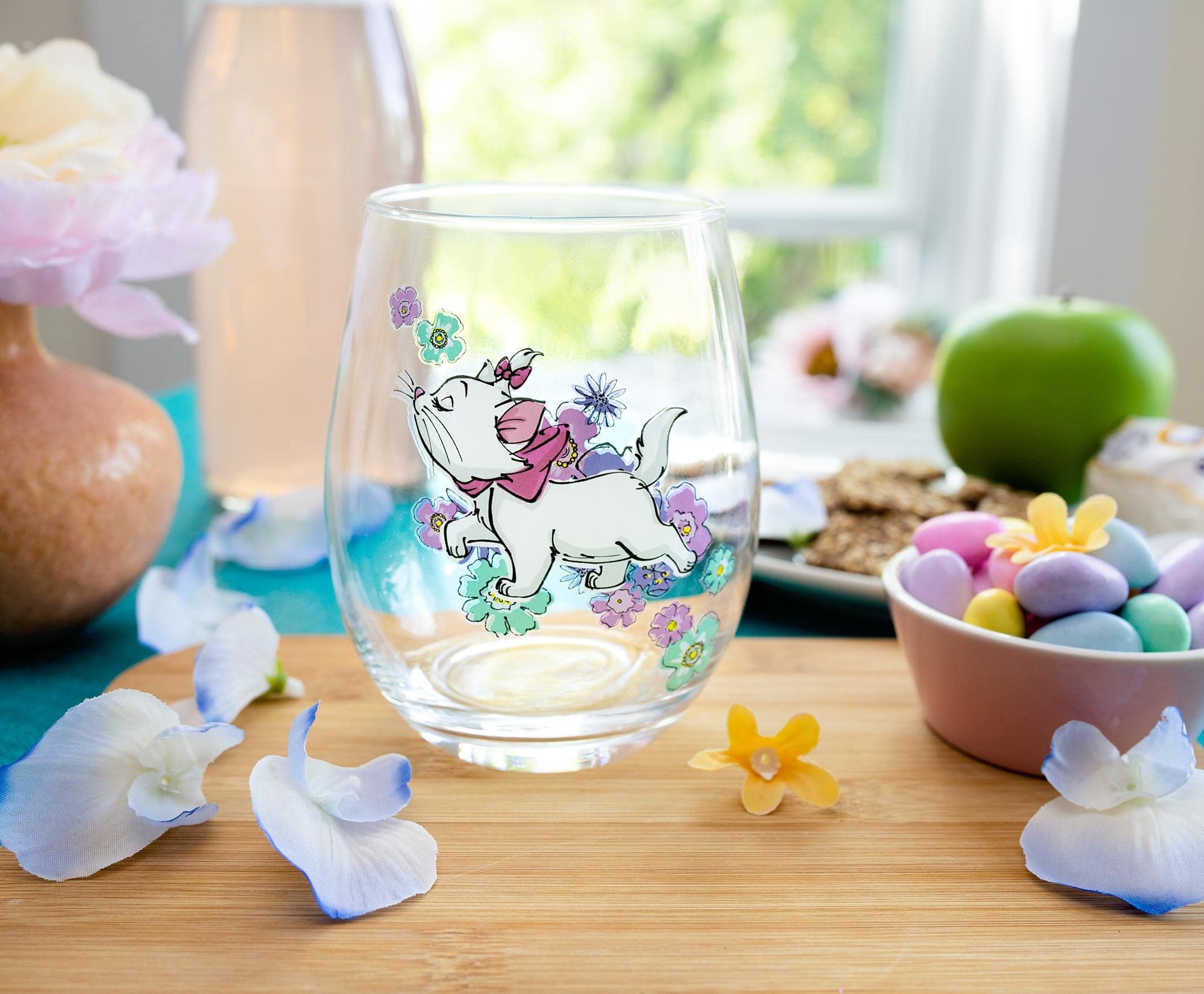 Disney The Aristocats Marie Walking Copa de vino sin tallo, vaso para mimosas, cócteles, utensilios de bar para el hogar para licor, decoración de cocina, bonitos regalos y coleccionables Kawaii