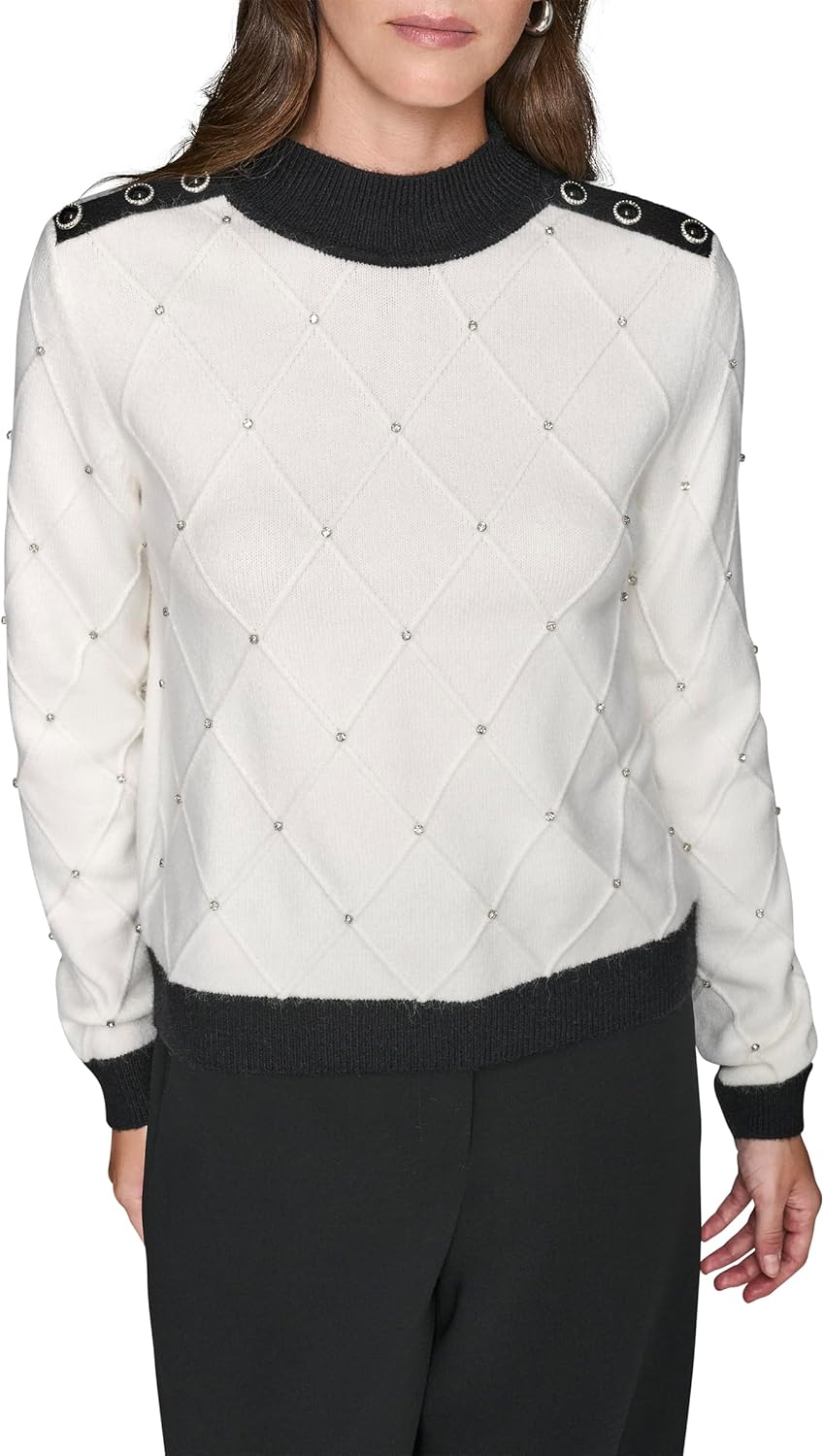 Karl Lagerfeld Womens Long Sleeve Mock Neck Crystal Detail Elevated Sweater