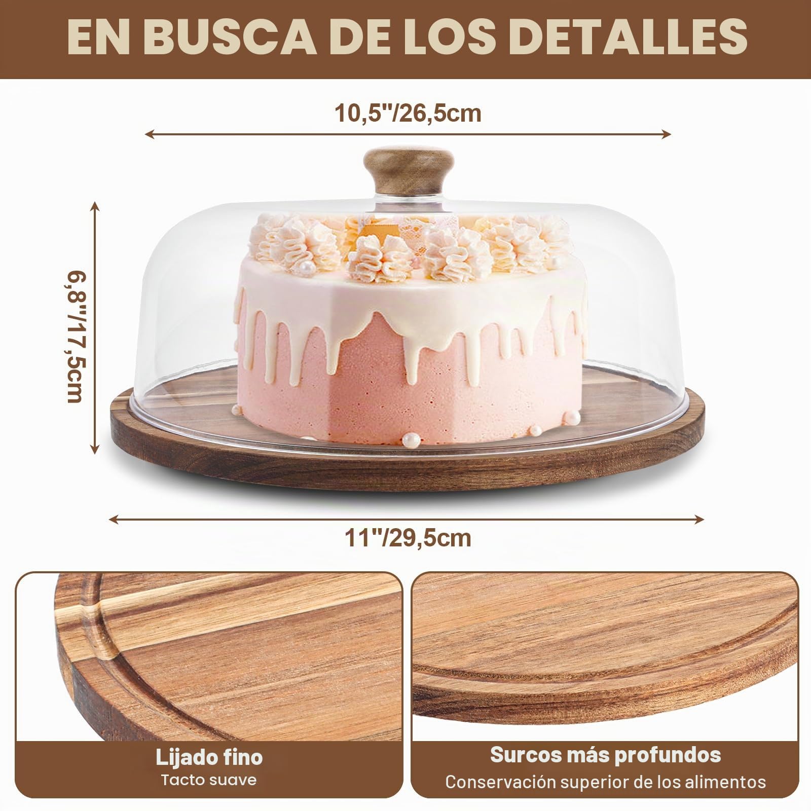 Plato Giratorio para Tartas de Madera de Acacia 29,5 cm con Tapa Transparente, Soporte Tarta y Soporte para Tartas, Porta Postres para Fiestas y Mesa Dulce