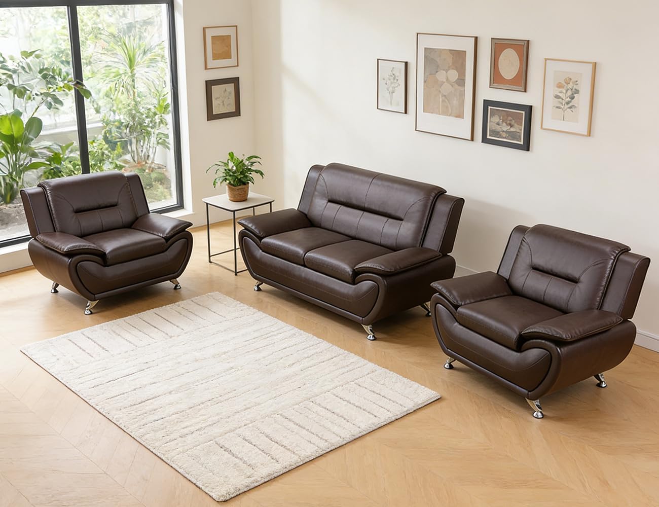 Brown Leather Sectional Sofa Couch Set, Modern Sofa Set with Metal Feet, 3PCS Living Room Furniture Set, Easy Clean Faux Leather Loveseat & 2 Chairs for Home/Office/Club, 2+1+1, Dark Brown