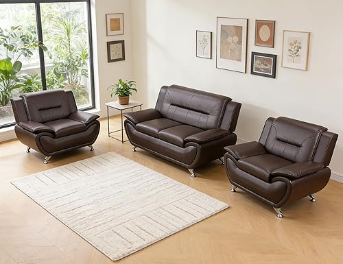 Miniatura 36 de Sofás Seccionales de Cuero, Conjuntos de Muebles de Sala de Estar, 3 Piezas Conjunto de Sofá Moderno para Sala de Crema