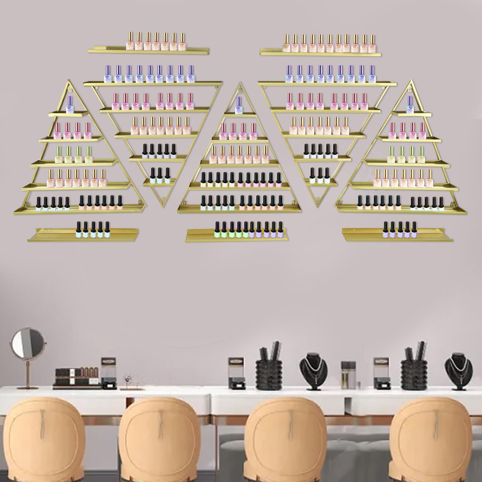 Mensola per smalto da parete triangolare vetrina cosmetica rossetto profumo, mensola da parete, organizer per unghie per casa, spa, salone di unghie, negozio, oro