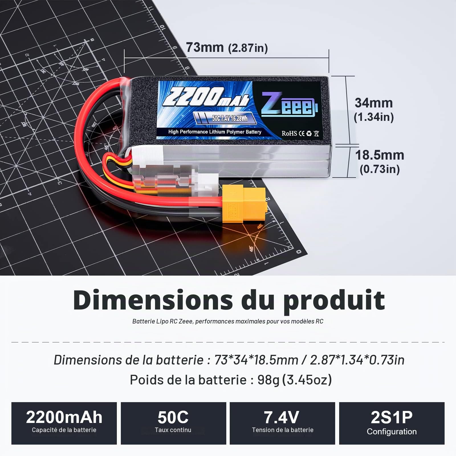 Zeee 2S Lipo Batterie 50C 2200mAh 7.4V Batterie Courte avec Prise XT60 pour 1/16 Slash RC Voiture RC Camion RC Hélicoptère Avion Quadcopter Drone RC Bateau Modèles de Course (2 Packs)