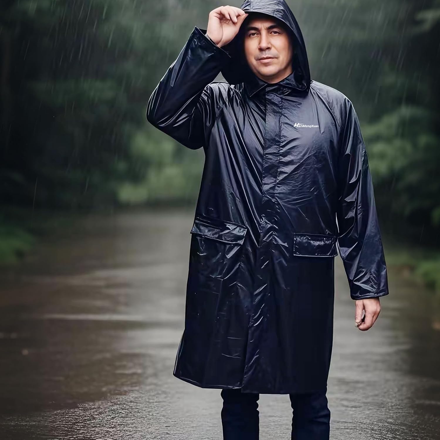 Men's Long Hooded Raincoat - Waterproof Rain Jacket for Work & Outdoor Use