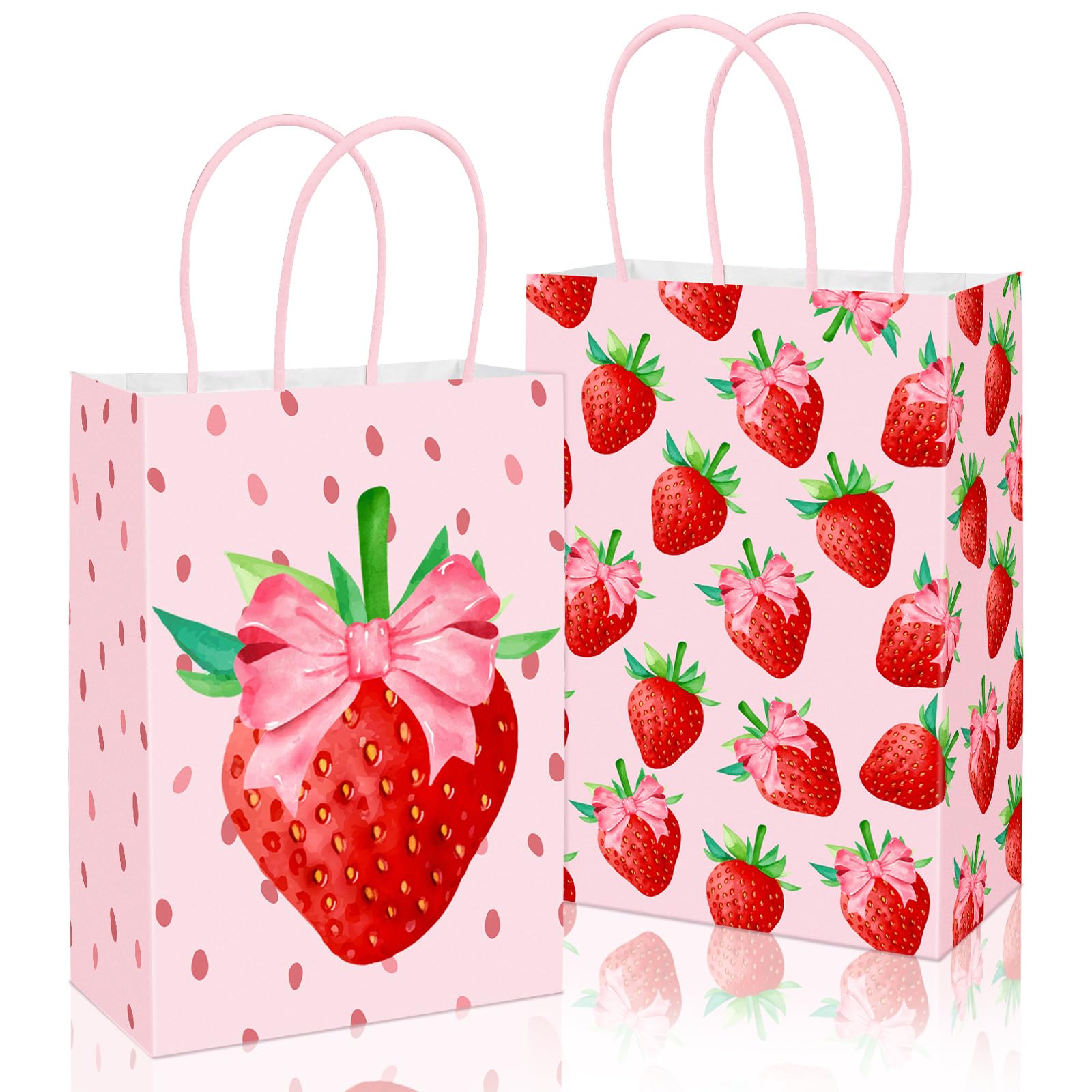 JarThenaAMCS 24Pcs Strawberry Bow Paper Gift Bags Coquette Treat Bags with Handles Candy Goodie Bag for Berry Sweet Birthday Baby Shower Party Favors