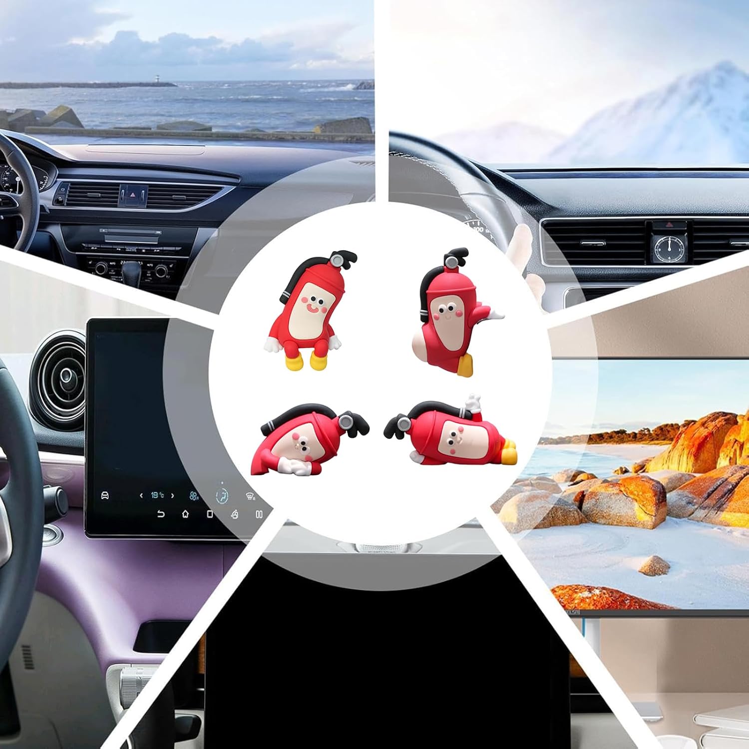 4Pcs Desk Firefighter Figurines, Cute Fire Extinguisher Computer Monitor Decor, Creative Desks Toy Figures, Mini Desk Ornaments, Monitor Decors for Vehicle & Office Decor